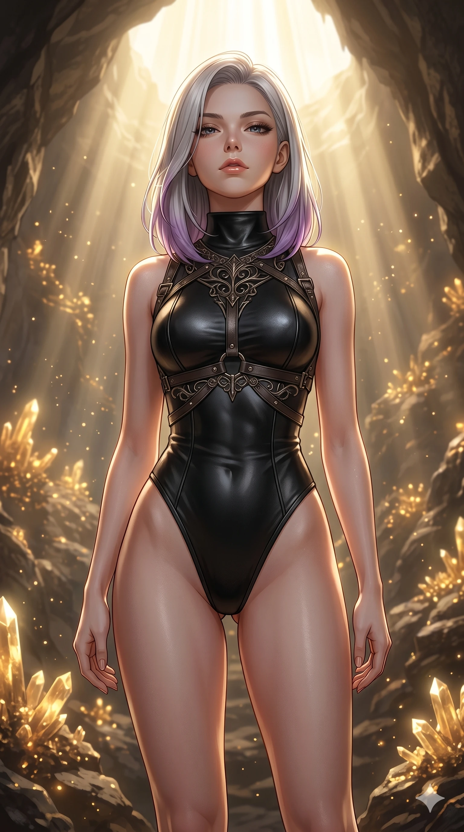 score_9, masterpiece, best quality, ultra-detailed, high-budget anime keyframe, editorial fashion photography, tasteful artistic composition, Caucasian woman, strictly human ears. cowboy shot from the thighs up, character and outfit filling the frame for maximum editorial presence. tilting her head back slightly with a confident and powerful expression in a secret cavern filled with glowing golden mineral veins and dust (Code-P18-080). She has an absolutely perfect 8-heads proportion, an exceptionally tall and slender female figure with impossibly long slender legs and an ultra-slim waist. V-shaped jawline, high-bridge nose, intricate jewel-like eyes with depth, thick eyelashes, glossy lips with a natural sheen. wearing a sleek leather bodysuit with high-cut leg lines and an elegant harness. drenched in soft morning sunbeams flowing from a high window, creating a serene mood. 2k, ultra detail, master piece, 9:16 ratio