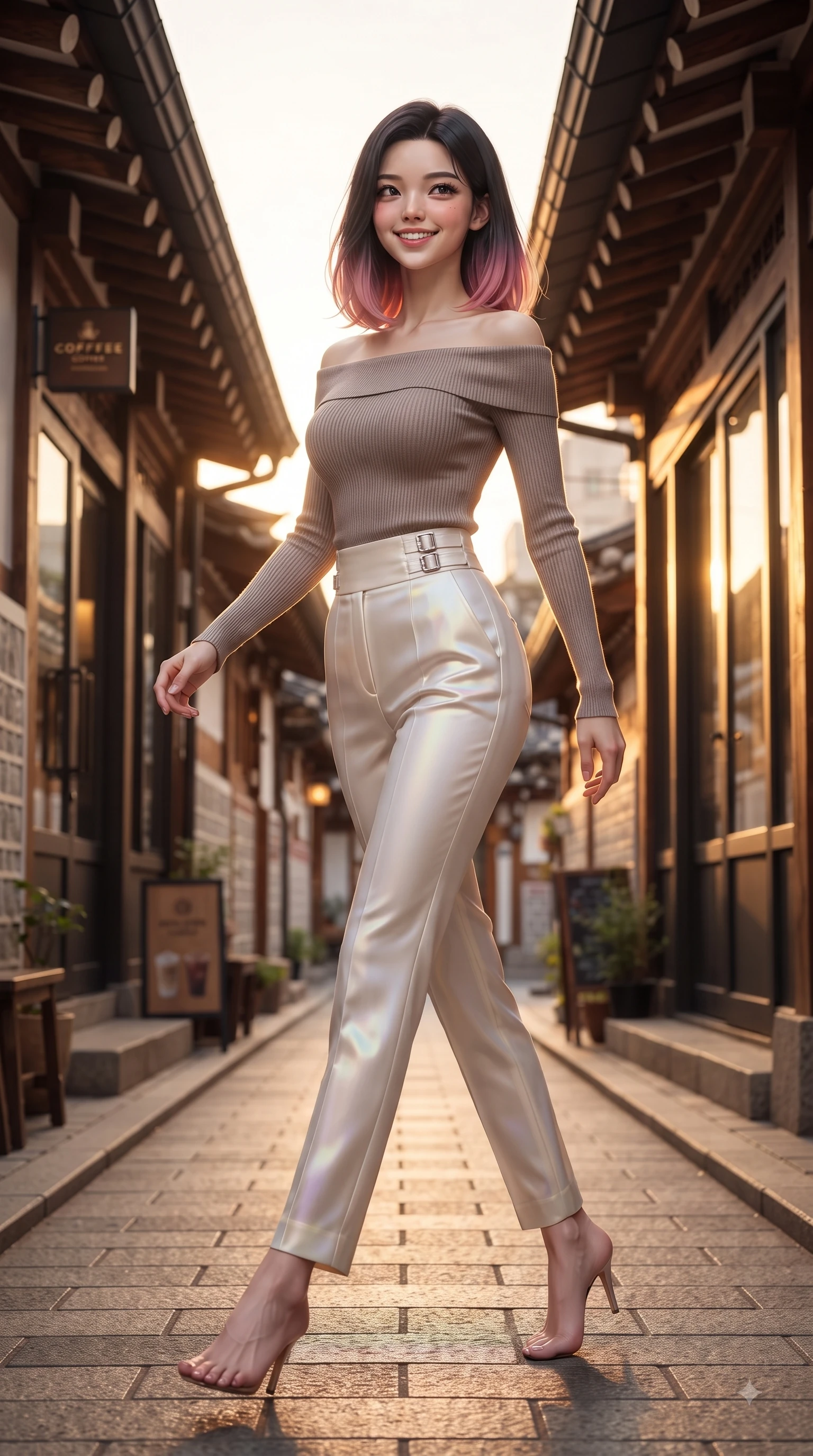 score_9, masterpiece, best quality, ultra-detailed, high-budget anime keyframe, editorial fashion photography, tasteful artistic composition, Korean woman. low angle full-body shot from head to toe showing her feet, filling the entire 9:16 vertical frame with her statuesque presence, stretching her vertical silhouette. pivoting dynamically in mid-motion with a delighted cute expression, displaying her perfect model proportions while stepping along a quiet Hanok alley lined with artisanal coffee shops under warm sunlight, traditional Hanok clay roof tiles and modern glass windows framing the background. She has an absolutely perfect, statuesque 8.5-heads proportion, an exceptionally tall and slender model-like female figure with impossibly long slender legs and an ultra-slim waist. sharp v-shaped jawline, high-bridge nose, intricate jewel-like eyes with depth, thick eyelashes, glossy lips with a natural sheen, flawlessly proportioned anatomical accuracy, natural body alignment, perfectly sculpted elegant limbs, clean dynamic posture without body distortion. wearing a sleek off-shoulder ribbed knit top paired with high-waist tailored pants in muted taupe and soft ivory, crafted from iridescent chiffon that shifts colors in the light, detailed with polished silver buckles along the waistline, the glove-like fit emphasizing her statuesque silhouette during motion. bathed in warm golden sunlight streaming through clean glass cafe windows. ultra-reflective glossy finish, specular highlights, metallic sheen, high-contrast stereoscopic depth, volumetric dynamic lighting, 2k, ultra detail, master piece, 9:16 ratio
