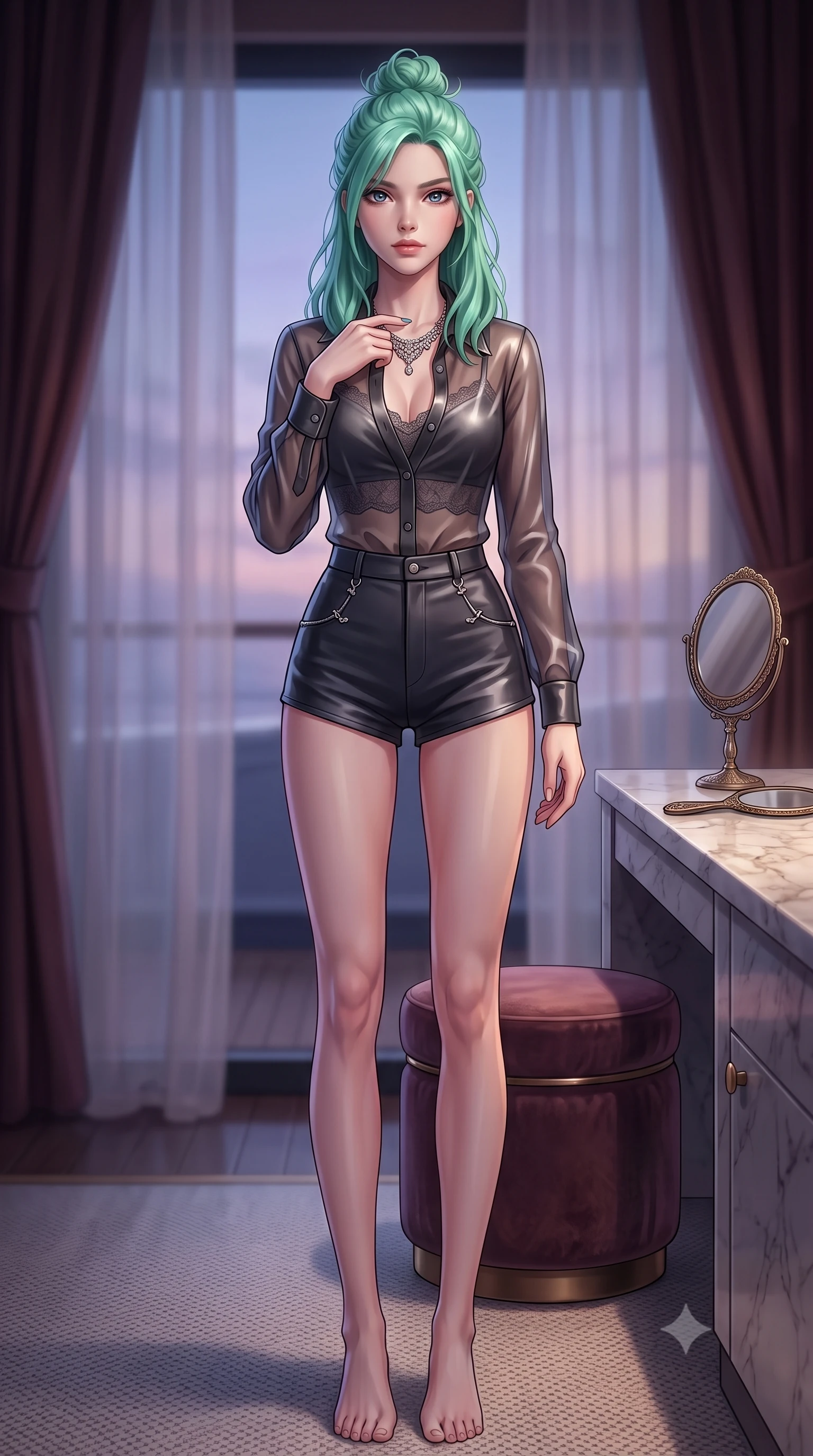 score_9, masterpiece, best quality, ultra-detailed, high-budget anime keyframe, editorial fashion photography, tasteful artistic composition, Japanese woman. low angle full-body shot from head to toe showing her feet, filling the entire 9:16 vertical frame with her statuesque presence, stretching her vertical silhouette. standing tall with statuesque grace, tracing a single finger down her necklace with a smoldering, magnetic expression set against a soft-focus background of inside an exclusive yacht cabin with a velvet-wrapped stool and an antique hand mirror resting on a marble counter. She has an absolutely perfect, statuesque 8.5-heads proportion, an exceptionally tall and slender model-like female figure with impossibly long slender legs and an ultra-slim waist. sharp v-shaped jawline, high-bridge nose, intricate jewel-like eyes with depth, thick eyelashes, glossy lips with a natural sheen. wearing slim-fit charcoal glossy leather sheer organza button-up shirt worn over a lace-accented crop top and high-cut mini shorts accented with delicate silver hardware. softened by diffused twilight glow filtering through sheer chiffon window curtains. highly saturated vibrant anime colors, detailed shading with soft gradients, rich glossy textures, high-contrast stereoscopic depth, volumetric dynamic lighting, master piece, 9:16 ratio