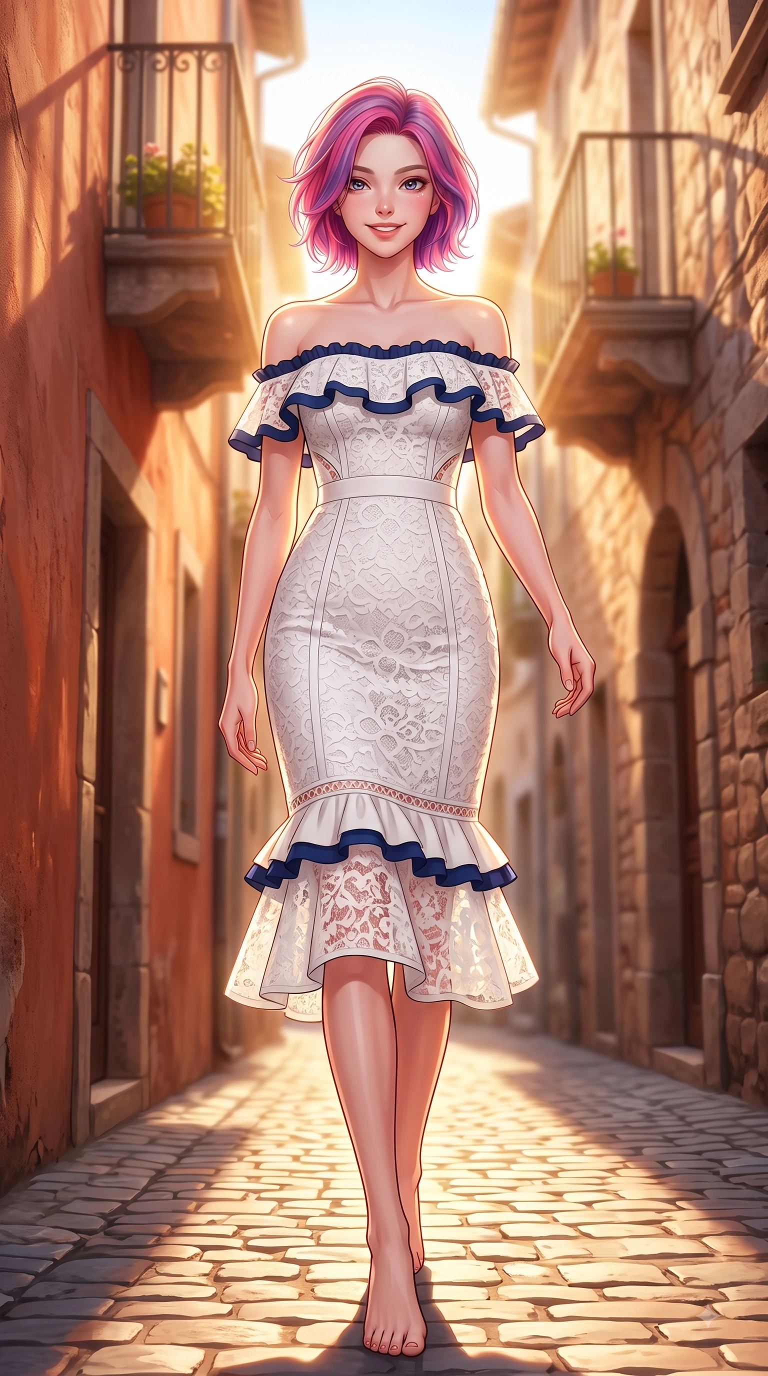 score_9, masterpiece, best quality, ultra-detailed, high-budget anime keyframe, editorial fashion photography, tasteful artistic composition, Caucasian woman. low angle full-body shot from head to toe showing her feet, filling the entire 9:16 vertical frame with her statuesque presence, stretching her vertical silhouette. Youthful cheerful smile exuding cute playful charm and radiant sparkle in her eyes while striding dramatically down a sun-drenched European cobblestone alley lined with rustic terracotta walls. The composition keeps background elements in soft focus with dreamy bokeh. rustic European balconies blurring smoothly behind her high-fashion silhouette. She has an absolutely perfect, statuesque 8.5-heads proportion, an exceptionally tall and slender model-like female figure with impossibly long slender legs and an ultra-slim waist. sharp v-shaped jawline, high-bridge nose, intricate jewel-like eyes with depth, thick eyelashes, glossy lips with a natural sheen, flawlessly proportioned anatomical accuracy, natural body alignment, perfectly sculpted elegant limbs, clean dynamic posture without body distortion. wearing a chic white lace off-shoulder midi dress decorated with delicate ruffle trims in royal navy blue and pure ivory, tailored from structured wool crepe with clean lines, complemented by clean architectural seams and subtle cutouts, the tailored fit highlighting her statuesque and model-like silhouette. bathed in dramatic golden hour sunbursts casting long cinematic shadows. highly saturated vibrant anime colors, detailed shading with soft gradients, rich glossy textures, high-contrast stereoscopic depth, volumetric dynamic lighting, master piece, 9:16 ratio