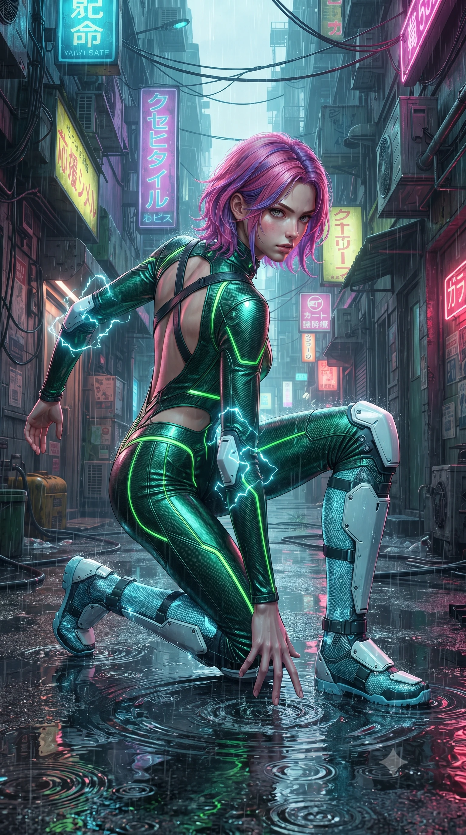 score_9, masterpiece, best quality, ultra-detailed, high-budget anime keyframe, editorial fashion photography, tasteful artistic composition, Caucasian woman. low angle full-body shot from head to toe showing her feet, filling the entire 9:16 vertical frame with her statuesque presence, stretching her vertical silhouette. landing gracefully from a high-altitude leap on one knee and palm, her statuesque silhouette framed by radial shockwave ripples in the ground while assuming a defensive Panzer Kunst combat stance in a narrow rain-soaked cyberpunk alley as cyan electromagnetic arcs crackle on her elbows. The surrounding environment is rendered in vivid detail and crisp panoramic clarity. intricate cybernetic conduit wires on armor, electric arc discharge filaments, and puddle ripples in high resolution. She has an absolutely perfect, statuesque 8.5-heads proportion, an exceptionally tall and slender model-like female figure with impossibly long slender legs, a toned flat midriff, and an ultra-slim waist. sharp v-shaped jawline, high-bridge nose, intricate jewel-like eyes with depth, thick eyelashes, glossy lips with a natural sheen, flawlessly proportioned anatomical accuracy, strict slender model proportions, natural body alignment, perfectly sculpted long slender limbs, ultra-slim waistline, clean dynamic posture without body distortion. wearing a tailored emerald-green carbon-fiber tactical jumpsuit with glowing lime LED channels, open cowl back, and reinforced combat shin-guards in glacial ice-cyan carbon mesh with pure white armor plates, crafted from ultra-strong woven carbon-fiber composite with a satin luster, complemented by criss-cross back harness straps highlighting her completely bare spine, the precision-cut daring openings accentuating her delicate midriff, graceful bare collarbones, and ultra-slim feminine waistline. surrounded by a dangerous, gritty, and intensely captivating martial femme-fatale noir aura. ultra-reflective glossy finish, specular highlights, dark metallic sheen, high-contrast stereoscopic depth, volumetric dynamic lighting, 2k, ultra detail, master piece, 9:16 ratio