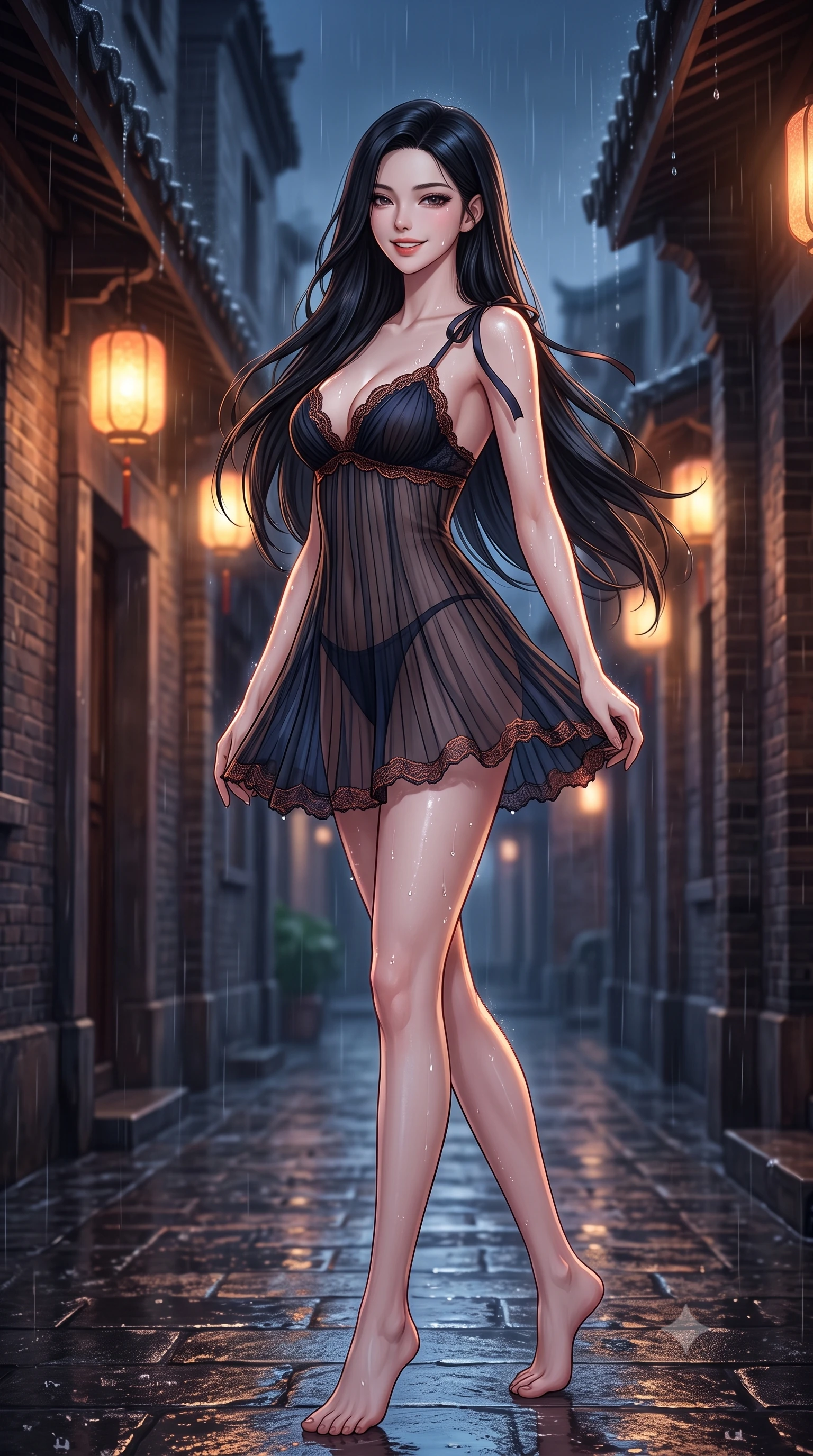 score_9, masterpiece, best quality, ultra-detailed, high-budget anime keyframe, semi-realistic 3D game render, editorial fashion photography, tasteful artistic composition, Korean woman. low angle full-body shot from head to toe showing her feet, filling the entire 9:16 vertical frame with her statuesque presence, stretching her vertical silhouette. executing a slow, graceful pivot turn as her skirt sways around her slender legs, glancing back with an enchanting, teasing sensual expression while twisting her slender torso in an alluring S-curve, glistening rain droplets and lantern light tracing her dewy skin and narrow waist. The background shows a soft-focus rain droplets dripping from eaves softened in historic Shikumen alley nocturne shallow focus. She has an exceptionally tall and slender model-like 8.5-heads proportion, an ultra-slim waist, a flat toned midriff, narrow delicate ribcage, and beautifully sculpted feminine hips creating a graceful, slim hourglass silhouette without any bulky heaviness, with impossibly long slender legs. sharp v-shaped jawline, high-bridge nose, intricate jewel-like sparkling eyes with depth, thick eyelashes, glossy parted lips with a natural peach sheen, bright cheerful beaming smile with an enchanting and coquettish sensual glint, exuding both youthful cute charm and seductive allure, flawlessly proportioned anatomical accuracy, strict slender model proportions, natural body alignment, perfectly sculpted long slender limbs, ultra-slim waistline, clean dynamic posture without body distortion. wearing a form-contouring sheer pleated georgette baby-doll slip with plunging sweetheart neckline and scalloped lace trim in Lofoten midnight obsidian and warm hearth copper, woven from fine semi-opaque stretch illusion mesh tracing her slender contours, finished with satin ribbon ties at the shoulders fluttering in the gentle breeze, the glove-like clinging cut tightly following the natural contour of her hips and long slender legs with youthful 8.5-heads elegance. illuminated by wet ground specular highlights and sharp rose-gold rim lights sculpting her jawline, flat midriff, and curvy hips. highly saturated vibrant anime colors, detailed shading with soft gradients, rich glossy textures, high-contrast stereoscopic depth, volumetric dynamic lighting, master piece, 9:16 ratio