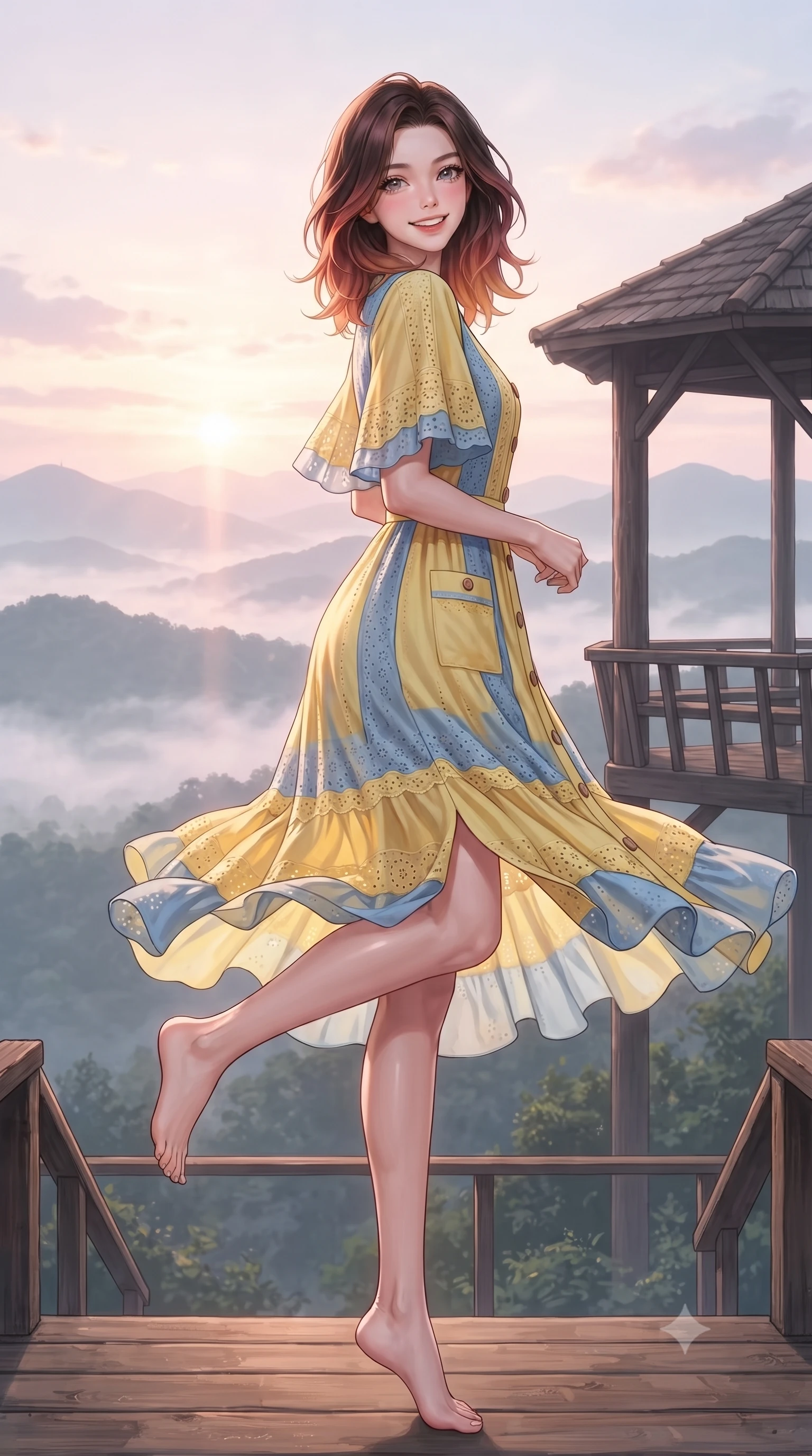 score_9, masterpiece, best quality, ultra-detailed, high-budget anime keyframe, editorial fashion photography, tasteful artistic composition, Korean woman. low angle full-body shot from head to toe showing her feet, filling the entire 9:16 vertical frame with her statuesque presence, stretching her vertical silhouette. standing poised on one leg with a playful hop and joyful expression, her long legs and slender figure highlighted against the landscape while gazing across layers of misty mountain ridges with sparkling, hopeful eyes and a radiant expression. The surrounding environment is rendered in vivid detail and crisp panoramic clarity. layered mountain silhouettes, rustic wooden gazebo details, and clear dawn skies in panoramic clarity. She has an absolutely perfect, statuesque 8.5-heads proportion, an exceptionally tall and slender model-like female figure with impossibly long slender legs, a toned flat midriff, and an ultra-slim waist. sharp v-shaped jawline, high-bridge nose, intricate jewel-like eyes with depth, thick eyelashes, glossy lips with a natural sheen, pure and lovely fresh girlhood expression, flawlessly proportioned anatomical accuracy, strict slender model proportions, natural body alignment, perfectly sculpted long slender limbs, ultra-slim waistline, clean dynamic posture without body distortion. wearing a flowy silk-chiffon maxi dress with a gentle side slit and fluttering hemline in sunny daffodil yellow and french blue, woven with delicate eyelet lace and breathable cotton voile, finished with neat natural wooden buttons and patch pocket details, the soft airy drape swaying gracefully with her dynamic movements, emphasizing her tall willowy build and slim waistline. bathed in soft pastel pink and golden dawn sunrise light breaking through rolling morning mist. ultra-reflective glossy finish, specular highlights, rich natural textures, high-contrast stereoscopic depth, volumetric dynamic lighting, 2k, ultra detail, master piece, 9:16 ratio