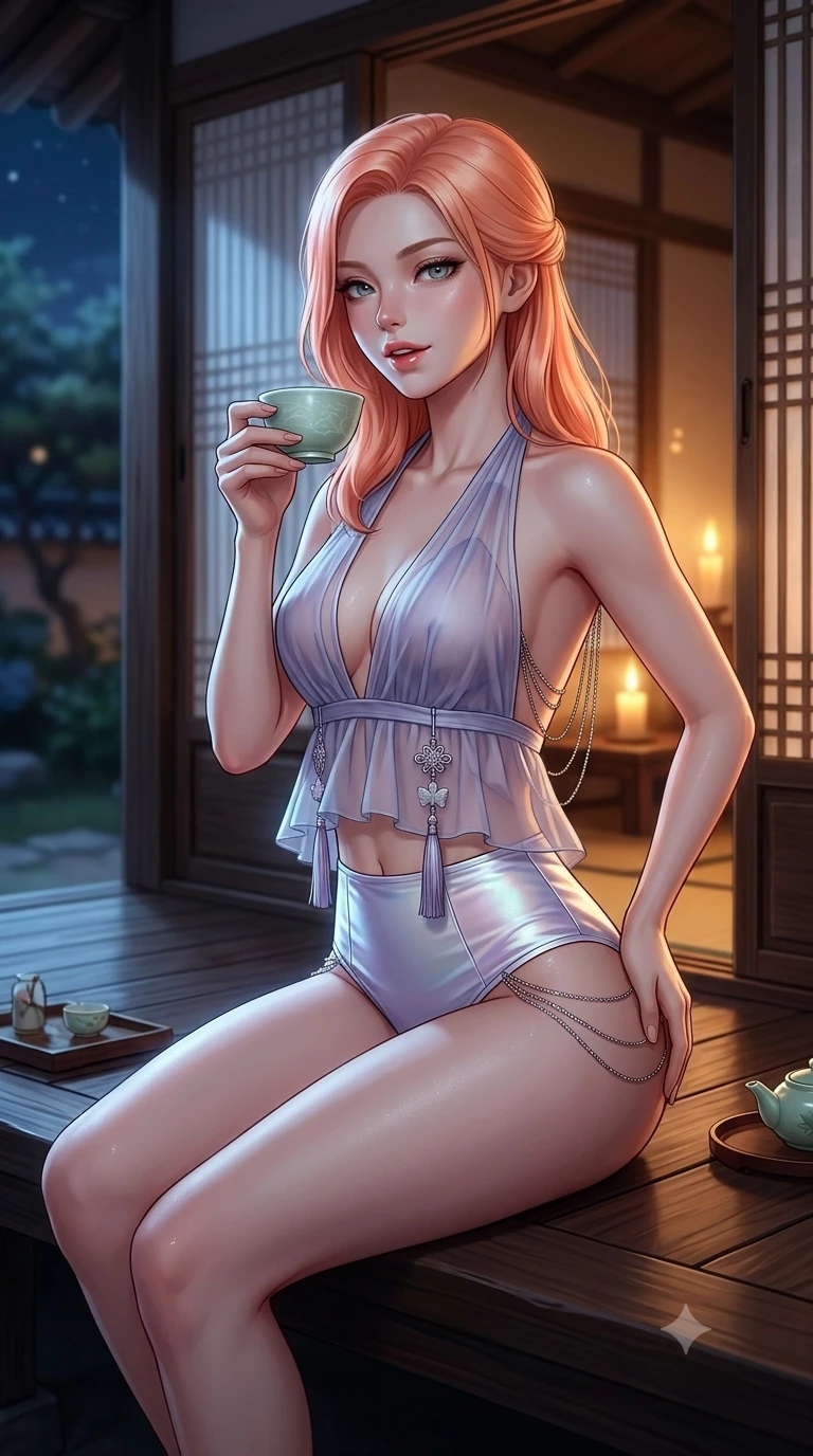 score_9, masterpiece, best quality, ultra-detailed, high-budget anime keyframe, semi-realistic 3D game render, editorial fashion photography, tasteful artistic composition, Japanese woman. close-up cowboy shot from the waist and thighs up, the character dominates the composition, filling the frame with her large presence. tilting her head with a teasing half-smile, running one hand slowly down the side of her hip in a flirtatious S-curve as ambient light caresses her silhouette while sitting gracefully on the polished veranda floor with one knee drawn up, holding a celadon teacup with parted glossy lips. The background shows a soft-focus intimate Korean veranda room softened in warm candlelight shallow focus. She has an exceptionally elegant, slender, and willowy female figure with an ultra-slim waist, flat toned midriff, narrow ribcage, and sculpted feminine hips creating an alluring, slim hourglass silhouette without bulk. sharp v-shaped jawline, high-bridge nose, sparkling eyes with hypnotic seductive depth, thick curled eyelashes, glossy parted lips with a natural dewy peach sheen, alluring bedroom-eyes with an enchanting coquettish smile, exuding magnetic siren charisma and sophisticated glamour, flawlessly proportioned anatomical accuracy, strict slender model proportions, natural body alignment, perfectly sculpted long slender limbs, ultra-slim waistline, clean dynamic posture without body distortion. wearing a plunge-front sheer organza halter top with fluttering norigae waist chains paired with high-cut silk briefs in iridescent mother-of-pearl and misty lavender, tailored from smooth liquid silk satin with a natural dewy moonlight sheen, accented with an open-back drape framed by falling strands of delicate chrome chains, the liquid-tight tailored fabric clinging flawlessly to her narrow waist and rounded feminine hips, emphasizing every millimeter of her sculpted slim hourglass curves without any bulky heaviness. bathed in warm golden candlelight glowing from within the interior room mixed with cool moonlight fill. highly saturated vibrant anime colors, detailed shading with soft gradients, rich glossy textures, high-contrast stereoscopic depth, volumetric dynamic lighting, master piece, 9:16 ratio