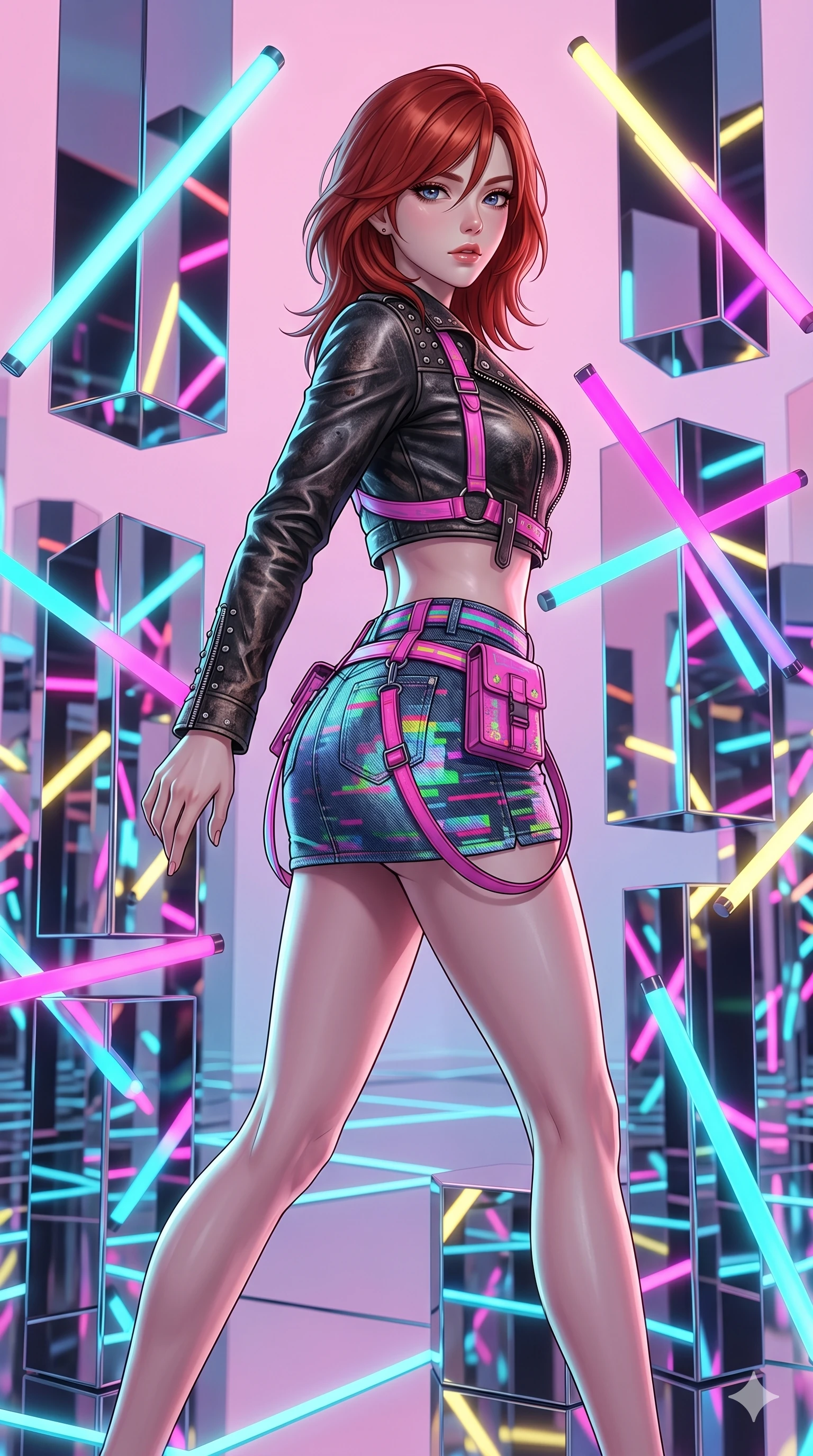score_9, masterpiece, best quality, ultra-detailed, high-budget anime keyframe, Korean woman. upper body close-up from the thighs up, character filling the screen for maximum presence. navigating a kinetic light-sculpture mirror maze, passing between floating chromium mirror pillars and rotating LED sticks. She has an absolutely perfect 8-heads proportion, an exceptionally tall and slender female figure with impossibly long slender legs and an ultra-slim waist. V-shaped jawline, high-bridge nose, intricate jewel-like eyes with depth, thick eyelashes, glossy lips with a natural sheen.. wearing a glitch denim and studded leather outfit, featuring an RGB glitch pattern denim micro-skirt, a single-sleeve cropped leather jacket, and neon pink harness straps. lit by a soft glowing ambient light and a sharp side key light that traces the sleek contours of her athletic build. 2k, ultra detail, master piece, 9:16 ratio