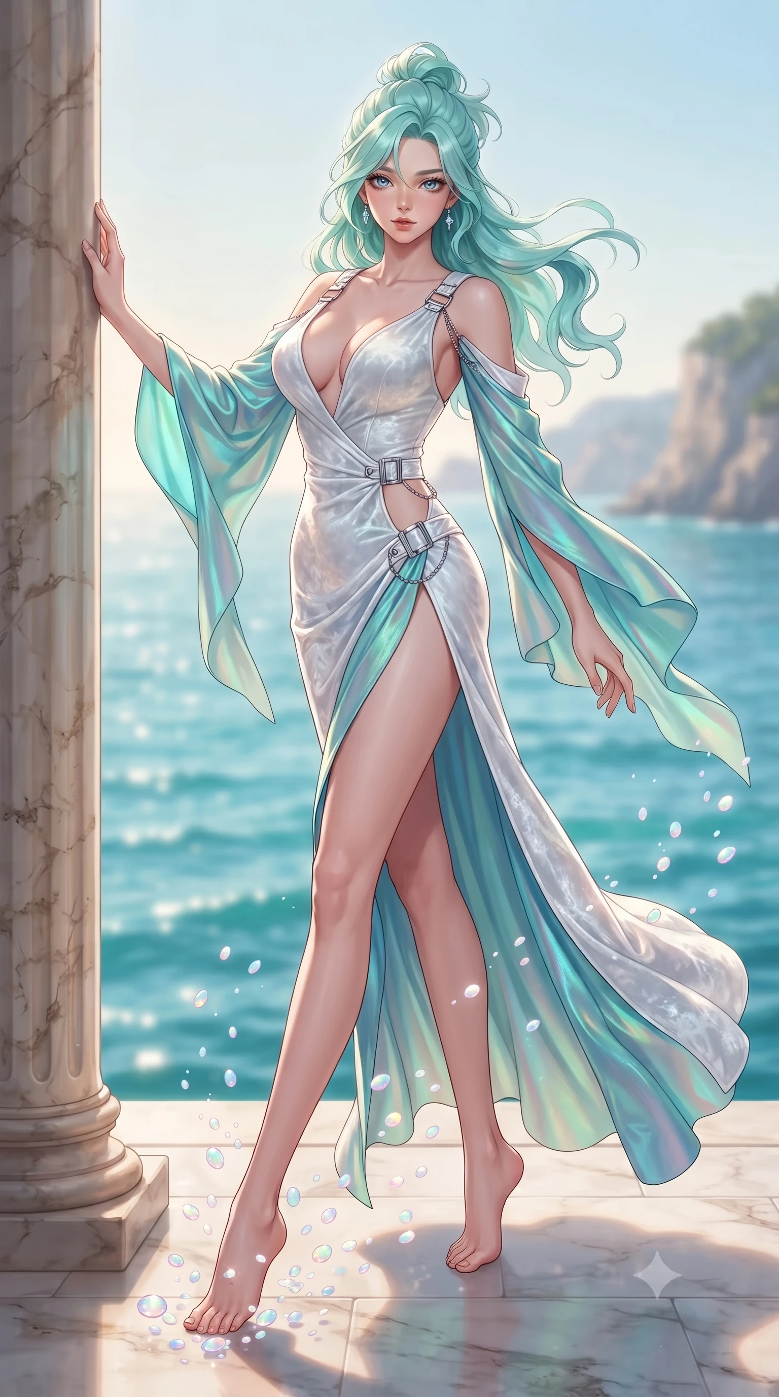 score_9, masterpiece, best quality, ultra-detailed, high-budget anime keyframe, editorial fashion photography, tasteful artistic composition, Japanese woman. low angle full-body shot from head to toe showing her feet, filling the entire 9:16 vertical frame with her statuesque presence, stretching her vertical silhouette. interacting with floating opal particles, her long slender legs poised in motion, resting against an antique marble pillar as soft sunlight warms the flowing fabric, sparkling ocean ripples forming a bright turquoise backdrop in soft focus. She has an absolutely perfect, statuesque 8.5-heads proportion, an exceptionally tall and slender model-like female figure with impossibly long slender legs and an ultra-slim waist. sharp v-shaped jawline, high-bridge nose, intricate jewel-like eyes with depth, thick eyelashes, glossy lips with a natural sheen. wearing sculpted form-fitting crushed white velvet column gown in pearl white, made of iridescent turquoise taffeta, framed by polished silver buckles and delicate chain details, highlighting her statuesque proportions and ultra-slim waistline. lit by clear coastal daylight casting soft graceful shadows. highly saturated vibrant anime colors, detailed shading with soft gradients, rich glossy textures, high-contrast stereoscopic depth, volumetric dynamic lighting, master piece, 9:16 ratio