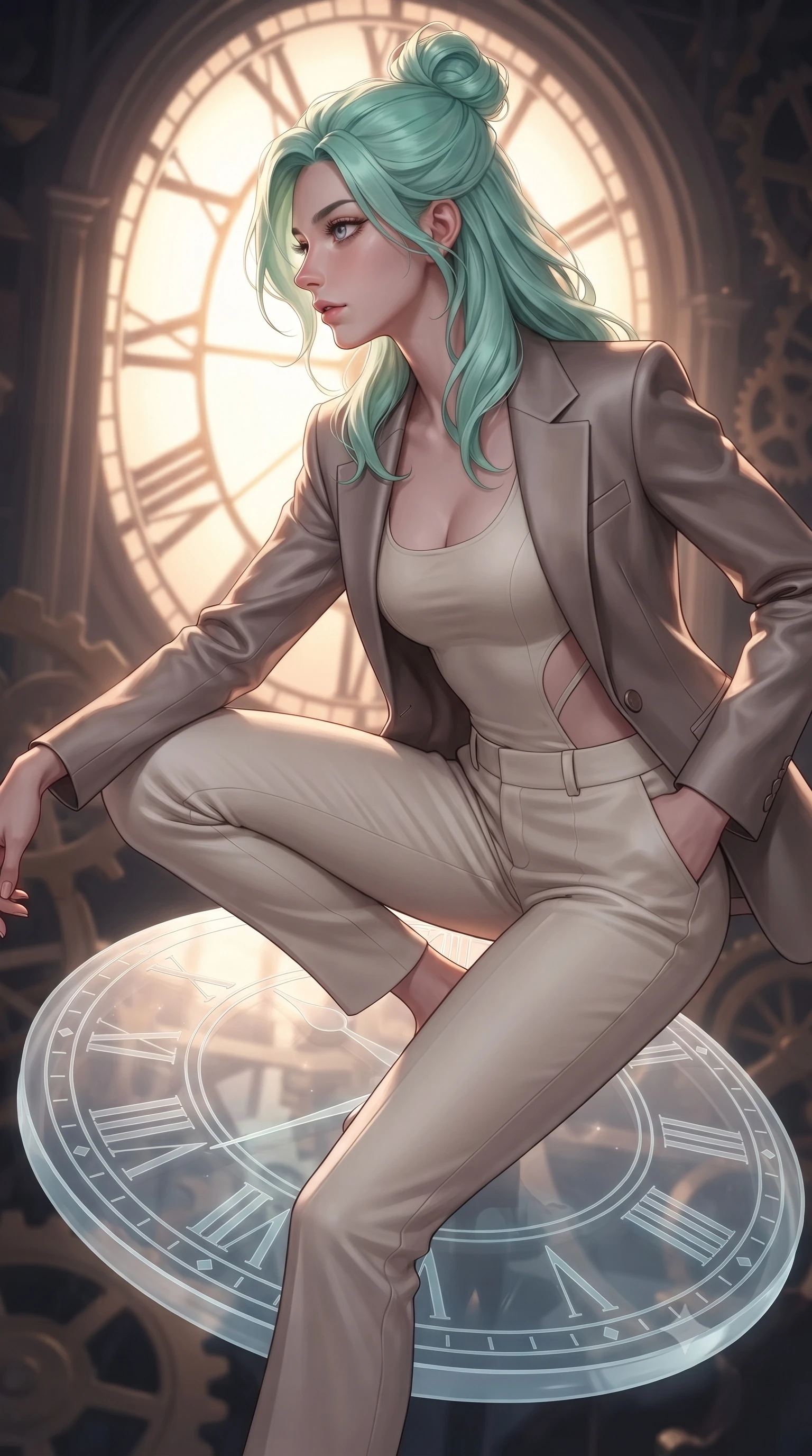 score_9, masterpiece, best quality, ultra-detailed, high-budget anime keyframe, editorial fashion photography, tasteful artistic composition, Japanese woman. close-up cowboy shot from the waist and thighs up, the character dominates the composition, filling the frame with her large presence, background elements kept in soft focus. Turning her face in sharp profile while her upper body leans forward with poised athletic grace while balancing dynamically on a giant translucent Roman numeral clock dial in mid-air, dramatic twilight amber light streaming through a massive clock tower window. She has an exceptionally elegant, slender, and willowy female figure with an ultra-slim waist, a gracefully sculpted slender torso, and a refined silhouette. sharp v-shaped jawline, high-bridge nose, intricate jewel-like eyes with depth, thick eyelashes, glossy lips with a natural sheen, flawlessly proportioned anatomical accuracy, natural body alignment, perfectly sculpted elegant limbs, clean dynamic posture without body distortion. wearing a tailored silk blazer over a form-contouring scoop-neck top and slacks in muted taupe and soft ivory, made of fine carbon-fiber weave and soft matte leather, featuring clean architectural cutouts along her slender torso, the sleek second-skin texture accentuating her magnetic presence. bathed in warm twilight amber backlighting and rich metallic specular glow. ultra-reflective glossy finish, specular highlights, metallic sheen, high-contrast stereoscopic depth, volumetric dynamic lighting, 2k, ultra detail, master piece, 9:16 ratio