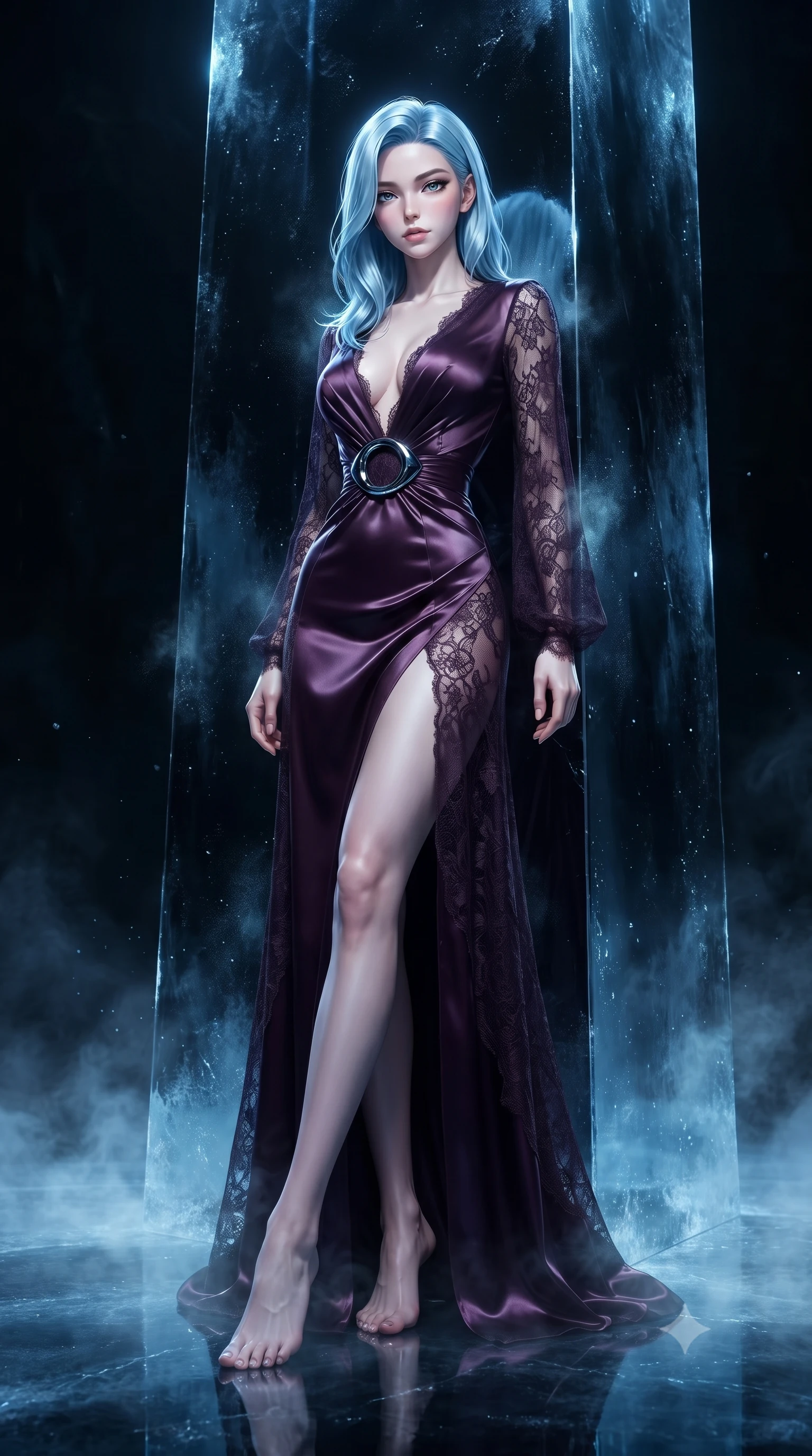score_9, masterpiece, best quality, ultra-detailed, high-budget anime keyframe, editorial fashion photography, tasteful artistic composition, Korean woman. low angle full-body shot from head to toe showing her feet, filling the entire 9:16 vertical frame with her statuesque presence, stretching her vertical silhouette. navigating the midnight sanctuary with an effortless, graceful stride, resting against a razor-sharp black ice column as frost dust drifts around her, freezing mist drifting along the mirror-like black ice floor. She has an absolutely perfect, statuesque 8.5-heads proportion, an exceptionally tall and slender model-like female figure with impossibly long slender legs and an ultra-slim waist. sharp v-shaped jawline, high-bridge nose, intricate jewel-like eyes with depth, thick eyelashes, glossy lips with a natural sheen. wearing gothic nebula sheer dark lace gown with plunging neckline in dark plum violet, made of soft dark satin, accented with sculpted obsidian chrome rings at the waist, the fitted fabric emphasizing her ultra-slim waist. lit by intense icy blue key light emerging from pitch-black glacial darkness. highly saturated vibrant anime colors, detailed shading with soft gradients, rich glossy textures, high-contrast stereoscopic depth, volumetric dynamic lighting, master piece, 9:16 ratio