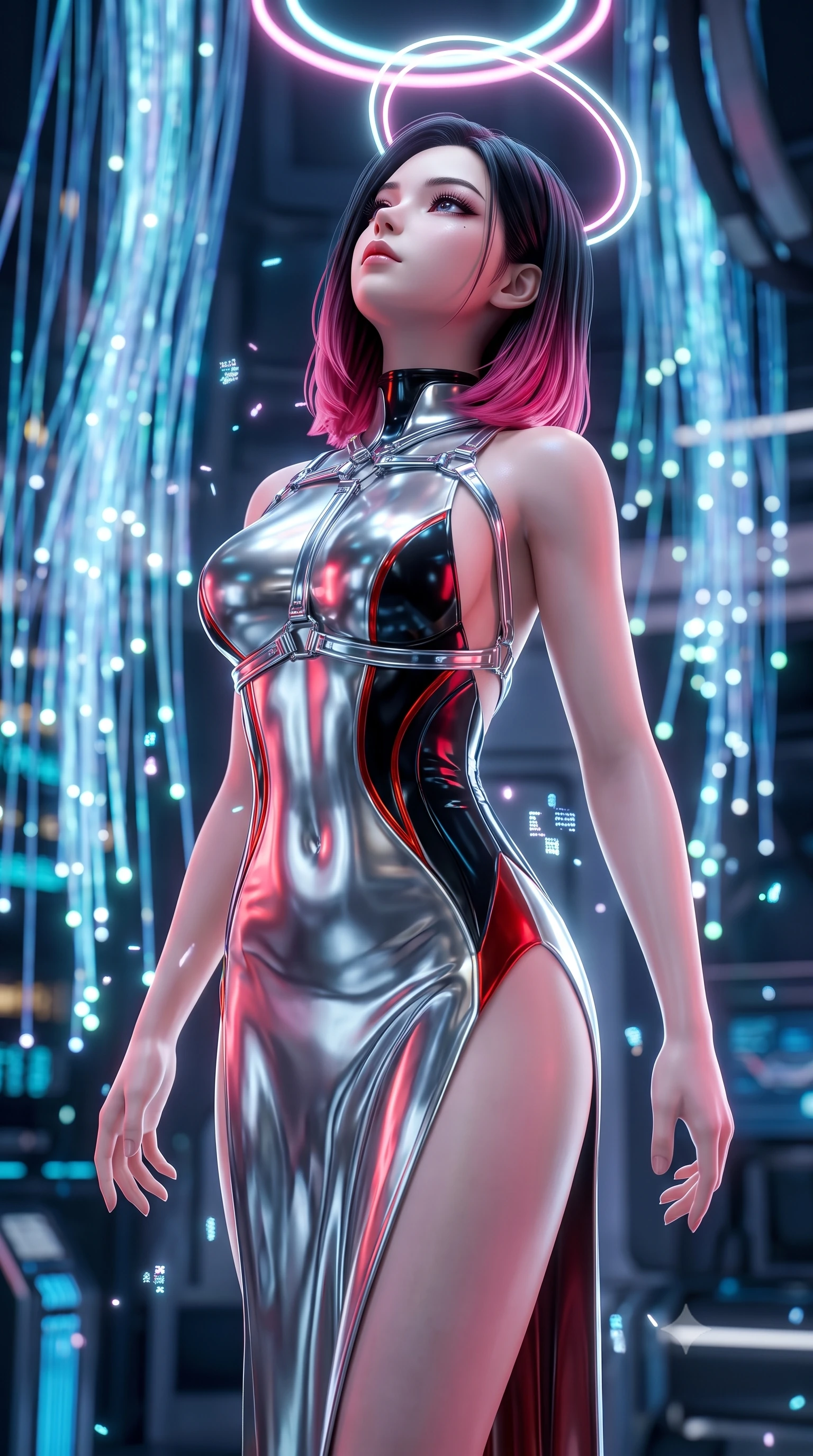 score_9, masterpiece, best quality, ultra-detailed, high-budget anime keyframe, semi-realistic 3D game render, editorial fashion photography, tasteful artistic composition, Korean woman. close-up cowboy shot from the waist and thighs up, the character dominates the composition, filling the frame with her large presence. tilting her head back with serene regal elegance, her sharp jawline and sculpted collarbones highlighted by glowing neon halo reflections while floating weightlessly in the heart of a quantum supercomputer chamber surrounded by cascading bioluminescent fiber-optic waterfalls. The composition keeps background elements in soft focus with creamy bokeh. sparkling holographic data bits scattering soft glowing light motes across a deep tech backdrop. She has an exceptionally elegant, slender, and willowy female figure with an ultra-slim waist, a gracefully sculpted slender torso, toned flat midriff, and a refined slim silhouette. sharp v-shaped jawline, high-bridge nose, intricate jewel-like eyes with depth, thick eyelashes, glossy lips with a natural sheen, flawlessly proportioned anatomical accuracy, strict slender model proportions, natural body alignment, perfectly sculpted long slender limbs, ultra-slim waistline, clean dynamic posture without body distortion. wearing a backless molten silver liquid-metal gown with a high-cut side slit and precision-fitted waist boning in high-gloss obsidian black and burning laser crimson accents, crafted from ultra-reflective second-skin liquid metal with a mirror-like polish, reinforced by a sleek metallic chrome harness and delicate glowing micro-straps, the liquid-tight tailored fabric emphasizing every curve of her tall, slender model proportions and sculptured silhouette during dynamic movement. illuminated by sharp specular highlights tracing her ultra-slim waist, long legs, and sculpted collarbones. rich saturated anime colors with glowing neon highlights, detailed shading with soft gradients, rich glossy textures, high-contrast stereoscopic depth, volumetric dynamic lighting, master piece, 9:16 ratio