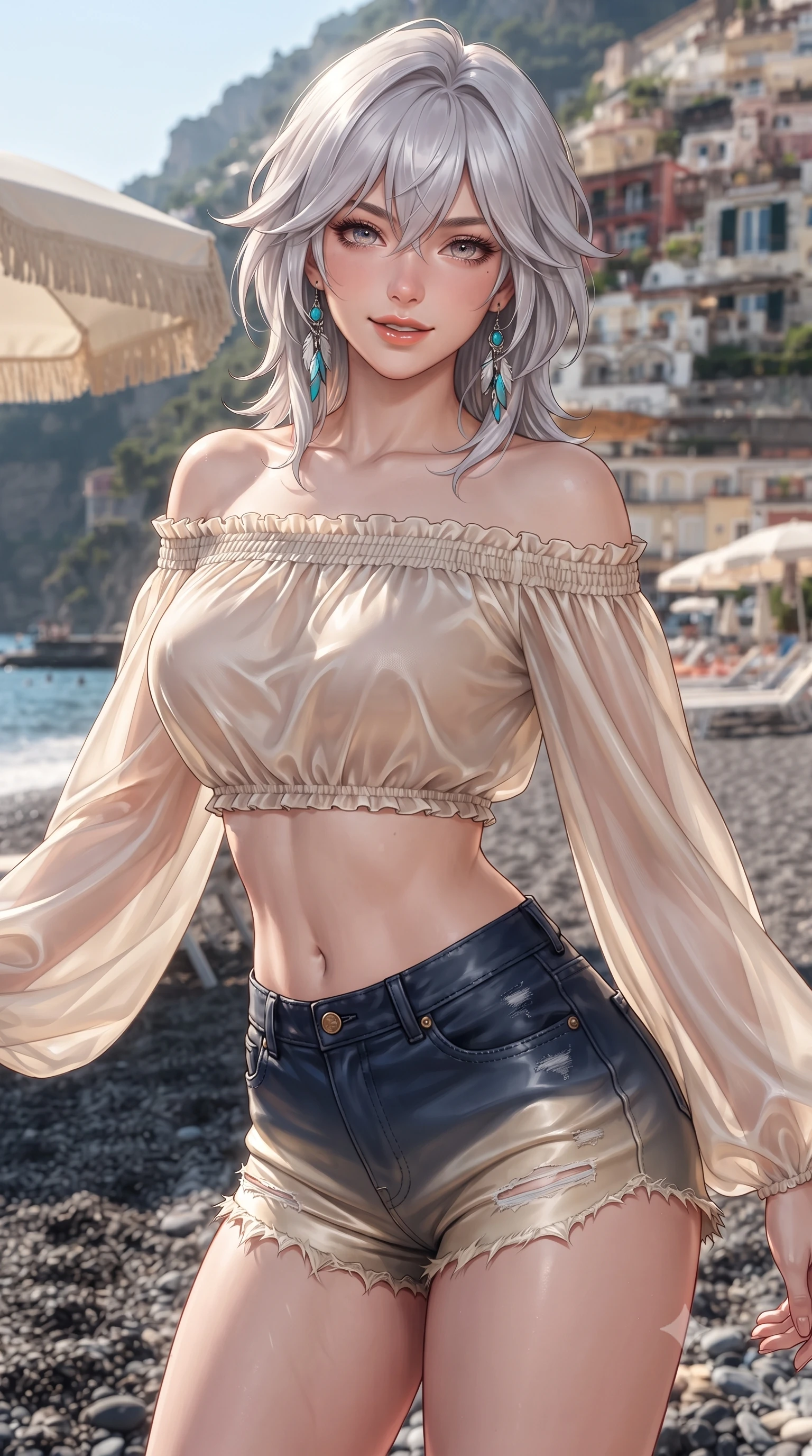 score_9, masterpiece, best quality, ultra-detailed, high-budget anime keyframe, editorial fashion photography, tasteful artistic composition, Japanese woman. close-up cowboy shot from the waist and thighs up, the character dominates the composition, filling the frame with her large presence. turning slowly with an enchanting smoldering smile, her glossy hair tossing in the breeze as her hips angle gracefully in a captivating contrapposto while twisting her slender torso in an alluring S-curve, coastal sea breezes fluttering her sheer beach wrap around her hourglass curves. The surrounding environment is rendered in vivid detail and crisp panoramic clarity: sharp dark pebble beach textures, canvas parasol fringe, and Positano cliffside villa window shutters in deep focus. She has an exceptionally elegant, slender, and willowy female figure with an ultra-slim waist, flat toned midriff, narrow ribcage, and sculpted feminine hips creating an alluring, slim hourglass silhouette without bulk. sharp v-shaped jawline, high-bridge nose, sparkling eyes with hypnotic seductive depth, thick curled eyelashes, glossy parted lips with a natural dewy peach sheen, alluring bedroom-eyes with an enchanting coquettish smile, exuding magnetic siren charisma and sophisticated glamour, flawlessly proportioned anatomical accuracy, strict slender model proportions, natural body alignment, perfectly sculpted long slender limbs, ultra-slim waistline, clean dynamic posture without body distortion. wearing an off-the-shoulder sheer peasant crop blouse with elastic ruched neckline paired with tight distressed cutoff shorts in French Riviera navy blue and warm champagne ivory, crafted from fluid liquid silk satin that clings smoothly to every curve with a dewy sheen, accented with turquoise and silver bohemian feather earrings swaying near her bare neck, the second-skin tailored fabric adhering flawlessly to her sculpted flat midriff and slender torso, emphasizing her long leg lines and perfectly proportioned willowy build. bathed in brilliant Mediterranean late afternoon sunshine reflecting off the cliff face and sea. ultra-reflective glossy finish, specular highlights, rich textural contrasts, high-contrast stereoscopic depth, volumetric dynamic lighting, 2k, ultra detail, master piece, 9:16 ratio
