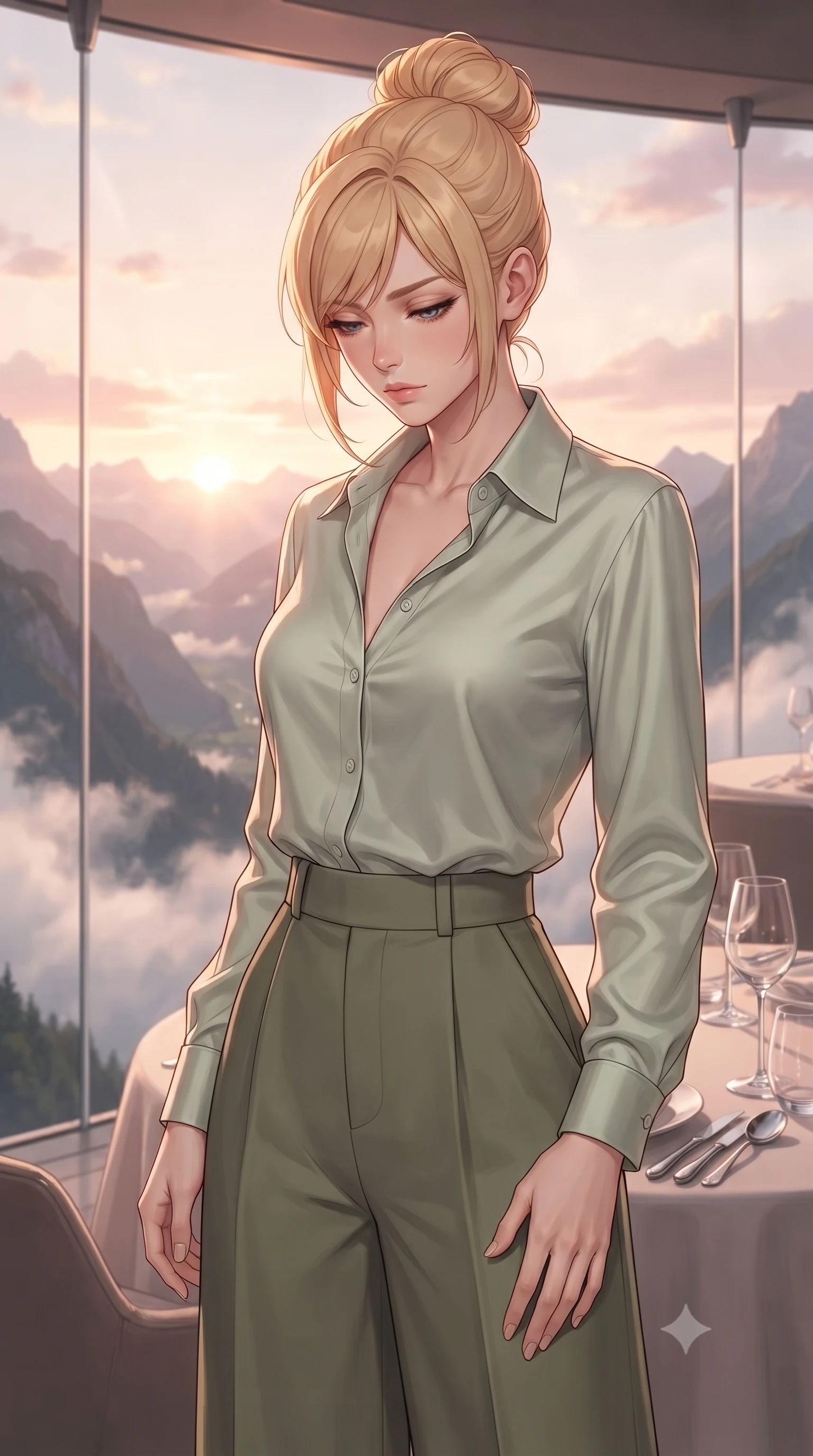 score_9, masterpiece, best quality, ultra-detailed, high-budget anime keyframe, editorial fashion photography, tasteful artistic composition, Caucasian woman, strictly human ears. close-up cowboy shot from the waist and thighs up, the character dominates the composition, filling the frame with her large presence, background elements kept in soft focus. Looking down with lowered lashes and a composed powerful expression. set against a soft-focus background of a restaurant with panoramic glass walls suspended by cables above a dramatic mountain valley with clouds drifting at table level and the sun setting between distant peaks visible through crystal-clear glass. She has an exceptionally elegant and slender, willowy female figure with an ultra-slim waist, a gracefully sculpted slender torso, and a refined slim physique. sharp v-shaped jawline, high-bridge nose, intricate jewel-like eyes with depth, thick eyelashes, glossy lips with a natural sheen. wearing a pale sage green button-down silk shirt tucked into high-waisted olive green wide-leg trousers. warm sunset light flooding through the panoramic windows with clouds diffusing and softening the light into a dreamy golden-pink atmosphere that envelops the dining space. 2k, ultra detail, master piece, 9:16 ratio