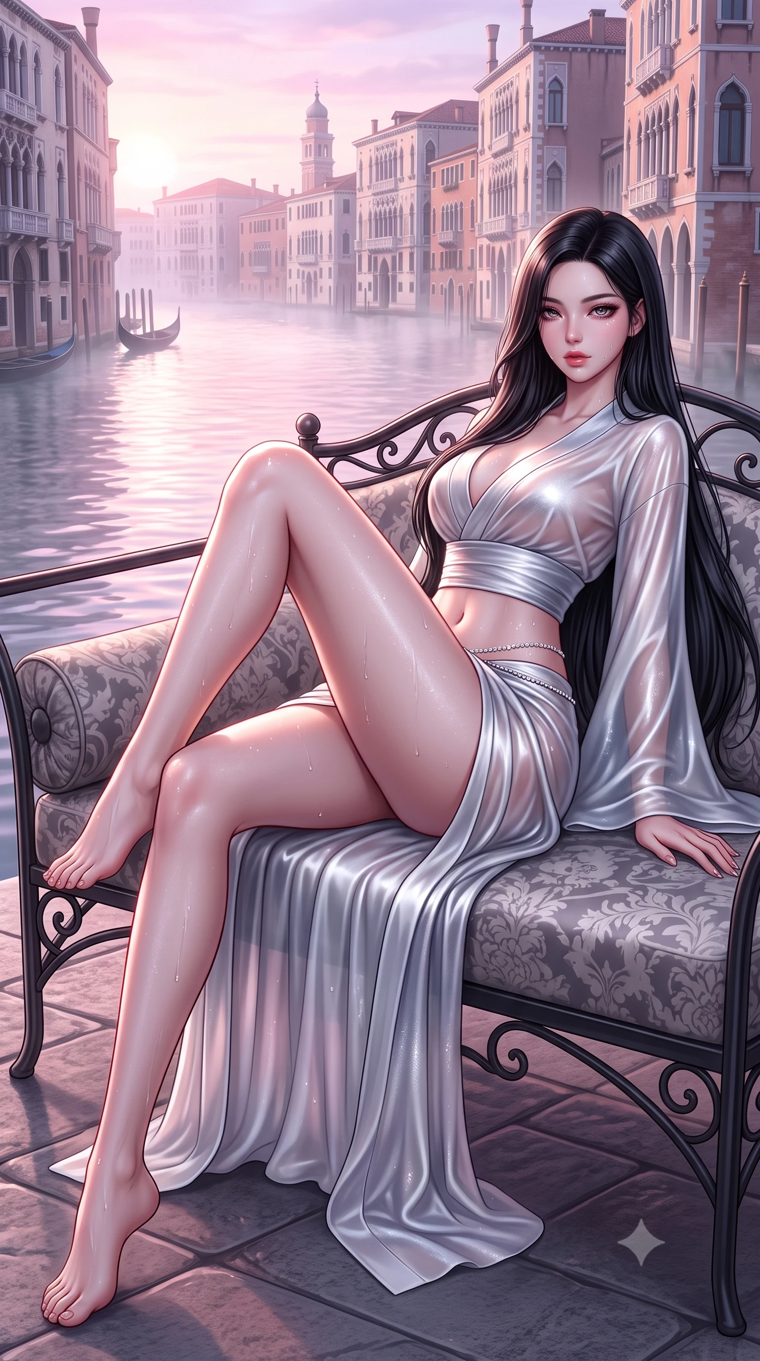 score_9, masterpiece, best quality, ultra-detailed, high-budget anime keyframe, semi-realistic 3D game render, editorial fashion photography, tasteful artistic composition, Korean woman. low angle full-body shot from head to toe showing her feet, filling the entire 9:16 vertical frame with her statuesque presence, stretching her vertical silhouette. reclining on her side in an elegant Cleopatra pose with one knee drawn up, the dramatic contour of her rounded hips and long slender legs commanding the 9:16 vertical frame while lounging languidly across a damask-upholstered wrought-iron settee, her flat midriff and feminine hips bathed in soft Venetian dawn light. The surrounding environment is rendered in vivid detail and crisp panoramic clarity. detailed lace gown drape folds, morning mist droplets on skin, and Grand Canal architectural clarity in high resolution. She has an exceptionally tall and slender model-like 8.5-heads proportion, an ultra-slim waist, a flat toned midriff, narrow delicate ribcage, and beautifully sculpted feminine hips creating a graceful, slim hourglass silhouette without any bulky heaviness, with impossibly long slender legs. sharp v-shaped jawline, high-bridge nose, intricate jewel-like eyes with depth, thick eyelashes, glossy parted lips with a natural sheen, intensely captivating and seductive bedroom-eyes expression, flawlessly proportioned anatomical accuracy, strict slender model proportions, natural body alignment, perfectly sculpted long slender limbs, ultra-slim waistline, clean dynamic posture without body distortion. wearing a delicate semi-translucent silk yukata that clings to her wet skin and curvy hip contours in shimmering silver mercury and pearl white, tailored from liquid silk jersey adhering flawlessly to her slender build, accented with a dainty diamond waist chain catching the ambient light reflections, the liquid-tight tailored fabric clinging flawlessly to her narrow waist and rounded feminine hips, emphasizing every millimeter of her sculpted slim hourglass curves without any bulky heaviness. bathed in luminous pastel dawn pink and violet light reflecting off misty canal waters. highly saturated vibrant anime colors, detailed shading with soft gradients, rich glossy textures, high-contrast stereoscopic depth, volumetric dynamic lighting, master piece, 9:16 ratio