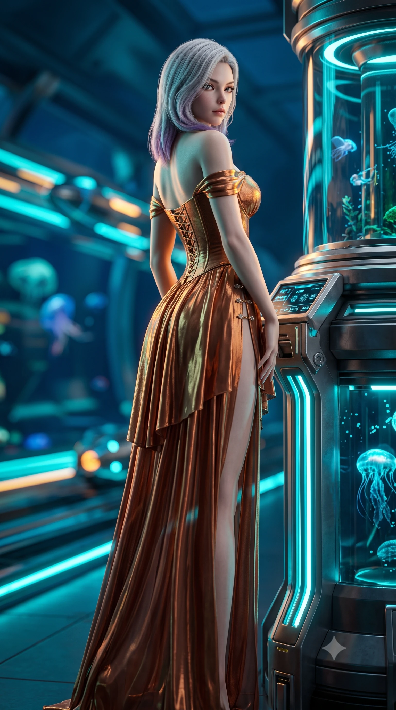 score_9, masterpiece, best quality, ultra-detailed, high-budget anime keyframe, semi-realistic 3D game render, editorial fashion photography, tasteful artistic composition, Caucasian woman. low angle full-body shot from head to toe showing her feet, filling the entire 9:16 vertical frame with her statuesque presence, stretching her vertical silhouette. posing with back turned slightly to the lens, glancing back with smoldering allure as she arches her lower back to emphasize her sculpted feminine hips and slender waist while leaning back against an illuminated titanium departure totem with hips cocked, casting a cool, dangerous bedroom-gaze past arriving aerodynamic bullet pods. The composition keeps background elements in soft focus with creamy bokeh. bioluminescent deep-sea fauna and pulsing cyan track lights blurred into electric turquoise, sapphire, and amber bokeh through thick acrylic. She has an exceptionally tall and slender model-like 8.5-heads proportion, an ultra-slim waist, a flat toned midriff, narrow delicate ribcage, and beautifully sculpted feminine hips creating a graceful, slim hourglass silhouette without any bulky heaviness, with impossibly long slender legs. sharp v-shaped jawline, high-bridge nose, intricate jewel-like eyes with depth, thick eyelashes, glossy parted lips with a natural sheen, intensely captivating and seductive bedroom-eyes expression, flawlessly proportioned anatomical accuracy, strict slender model proportions, natural body alignment, perfectly sculpted long slender limbs, ultra-slim waistline, clean dynamic posture without body distortion. wearing an off-shoulder French court corset bodice dress paired with a tiered translucent chiffon slit skirt in molten desert gold and burnt terracotta, crafted from luxurious metallic lamé that shifts radiance with every step, finished with an ultra-high side slit secured by miniature jeweled clasps, the second-skin form-contouring cut accentuating her sculpted flat midriff, narrow delicate ribcage, and gracefully curvy hips with supermodel precision. bathed in high-contrast cyan and amber track edge lights contrasting with deep ocean blue overhead ambient glow. highly saturated vibrant anime colors, detailed shading with soft gradients, rich glossy textures, high-contrast stereoscopic depth, volumetric dynamic lighting, master piece, 9:16 ratio