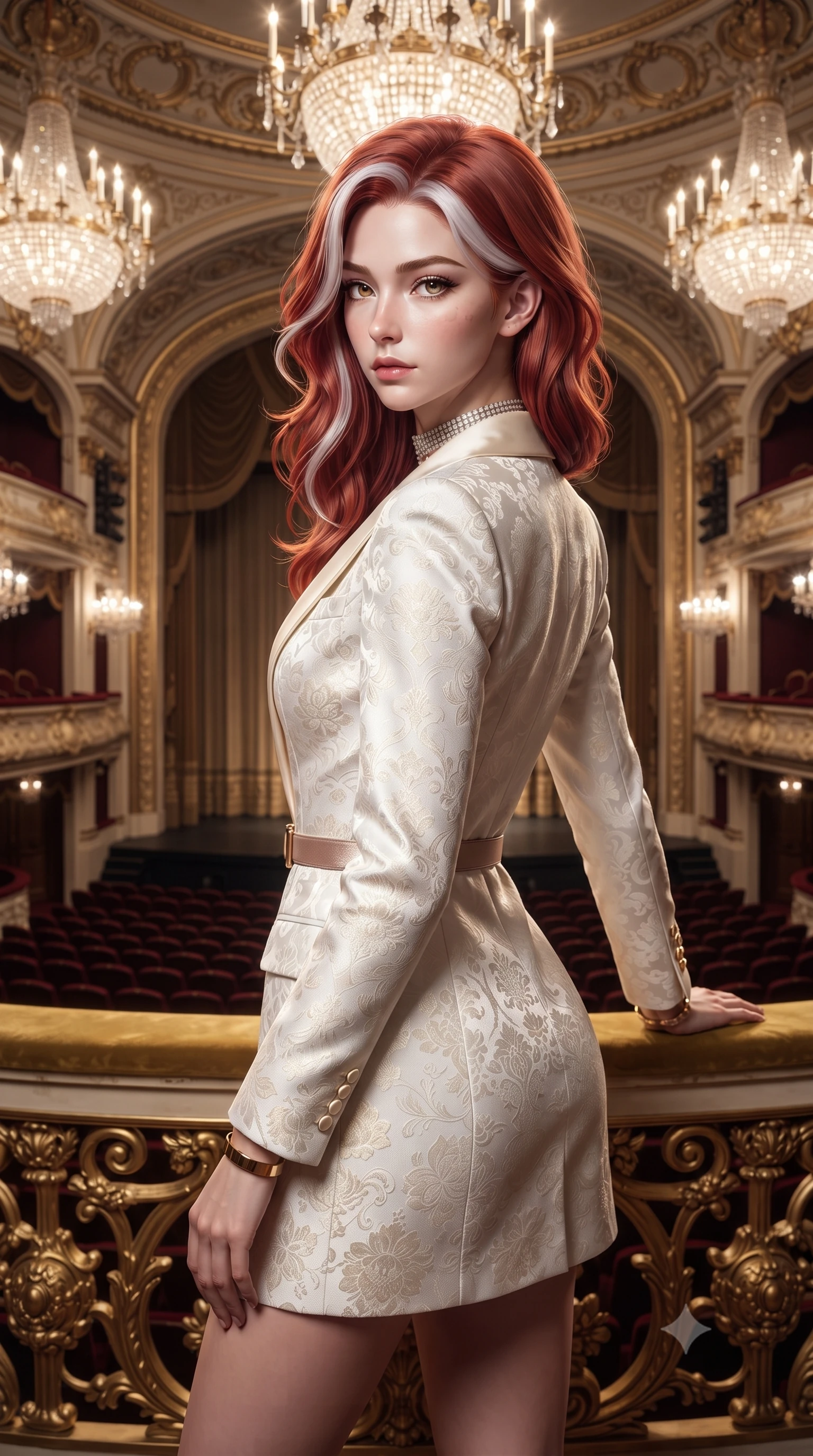 score_9, masterpiece, best quality, ultra-detailed, high-budget anime keyframe, editorial fashion photography, tasteful artistic composition, Caucasian woman. close-up cowboy shot from the waist and thighs up, the character dominates the composition, filling the frame with her large presence. turning over her shoulder with an indomitable, smoldering gaze, her soft hair framing her razor-sharp v-shaped jawline while standing poised on a lavish gilded balcony overlooking a grand opera house bathed in cascading crystal chandelier light. The surrounding environment is rendered in vivid detail and crisp panoramic clarity. high-contrast royal chiaroscuro and breathtaking neoclassical theater architecture rendered in precision. She has an exceptionally elegant, slender, and willowy female figure with an ultra-slim waist, a gracefully sculpted slender torso, toned flat midriff, and a refined slim silhouette. sharp v-shaped jawline, high-bridge nose, intricate jewel-like eyes with depth, thick eyelashes, glossy lips with a natural sheen, captivating and magnetic expression, flawlessly proportioned anatomical accuracy, strict slender model proportions, natural body alignment, perfectly sculpted long slender limbs, ultra-slim waistline, clean dynamic posture without body distortion. wearing a tailored royal white tuxedo jacket dress with silk satin lapels and a slim gold-buckle belt in dusky blush rose and champagne shimmer, made of rich embossed floral silk jacquard with subtle gold thread, accessorized with a bold diamond choker and minimalist gold cuffs, the sleek tailored cut tightly hugging her graceful clavicle, narrow waist, and feminine curves with statuesque precision. surrounded by an aristocratic, majestic, and enchantingly sovereign high-society queen aura. ultra-reflective glossy finish, specular highlights, rich textural contrasts, high-contrast stereoscopic depth, volumetric dynamic lighting, 2k, ultra detail, master piece, 9:16 ratio
