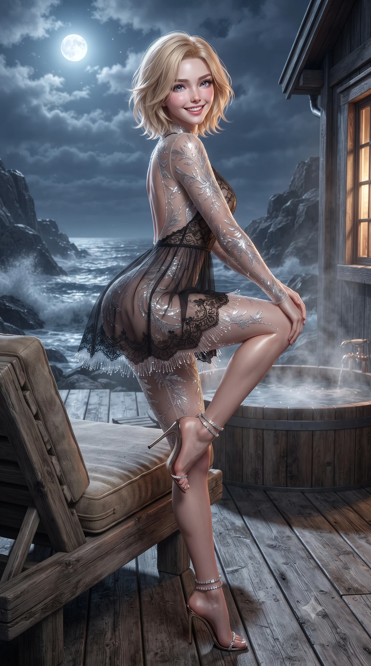 score_9, masterpiece, best quality, ultra-detailed, high-budget anime keyframe, editorial fashion photography, tasteful artistic composition, Caucasian woman. close-up cowboy shot from the waist and thighs up, the character dominates the composition, filling the frame with her large presence. perched sideways on the lounge seat, one knee drawn up to showcase her slender leg line while her arched back accentuates her feminine hip curve while standing poised on the weathered pine deck beside the steaming outdoor cedar hot tub, arching her spine with wet-look siren grace as dark Arctic waves crash on granite cliffs. The surrounding environment is rendered in vivid detail and crisp panoramic clarity: detailed backless sheer illusion mesh catsuit, crystalline silver flocking, and Norwegian timber craft in high resolution. She has an exceptionally elegant, slender, and willowy female figure with an ultra-slim waist, flat toned midriff, narrow ribcage, and sculpted feminine hips creating an alluring, slim hourglass silhouette without bulk. sharp v-shaped jawline, high-bridge nose, intricate jewel-like sparkling eyes with depth, thick eyelashes, glossy parted lips with a natural peach sheen, bright cheerful beaming smile with an enchanting and coquettish sensual glint, exuding both youthful cute charm and seductive allure, flawlessly proportioned anatomical accuracy, strict slender model proportions, natural body alignment, perfectly sculpted long slender limbs, ultra-slim waistline, clean dynamic posture without body distortion. wearing a translucent liquid-latex trimmed sheer lace babydoll with delicate fiber-optic trim along the scalloped hem in Shanghai noir black and imperial 24k gold, crafted from fluid liquid silk satin that clings smoothly to her narrow waist and rounded hips with a dewy sheen, complemented by strappy stiletto sandals with crystal ankle wraps accentuating her slender calves, the second-skin tailored fabric adhering flawlessly to her sculpted flat midriff and slender torso, emphasizing her long leg lines and perfectly proportioned willowy build. bathed in the magical cool silver moonlight filtering through polar clouds mixed with warm incandescent window spill. ultra-reflective glossy finish, specular highlights, rich textural contrasts, high-contrast stereoscopic depth, volumetric dynamic lighting, 2k, ultra detail, master piece, 9:16 ratio
