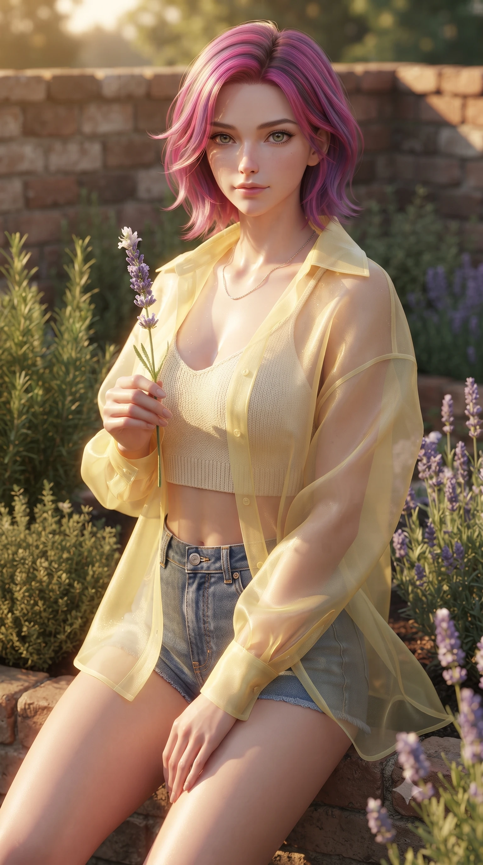 score_9, masterpiece, best quality, ultra-detailed, high-budget anime keyframe, editorial fashion photography, tasteful artistic composition, Caucasian woman woman. close-up cowboy shot from the waist and thighs up, the character dominates the composition, filling the frame with her large presence, background elements kept in soft focus. gazing directly at the viewer with a calm and welcoming expression, holding a fresh flower the background shows a soft-focus a small brick-walled garden filled with rosemary, thyme, and lavender. She has an exceptionally elegant, slender, and willowy female figure with an ultra-slim waist, a gracefully sculpted slender torso, and a refined silhouette. sharp v-shaped jawline, high-bridge nose, intricate jewel-like eyes with depth, thick eyelashes, glossy lips with a natural sheen. wearing a form-contouring sheer organza shirt in pale yellow worn open over a knit crop top and micro-shorts. warm late afternoon sun casting long, gentle shadows. ultra-reflective glossy finish, specular highlights, metallic sheen, high-contrast stereoscopic depth, volumetric dynamic lighting, 2k, ultra detail, master piece, 9:16 ratio