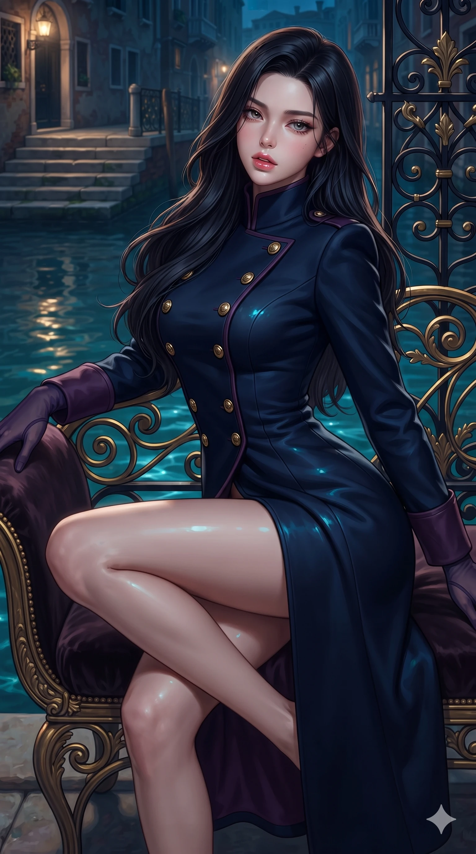score_9, masterpiece, best quality, ultra-detailed, high-budget anime keyframe, editorial fashion photography, tasteful artistic composition, Korean woman. close-up cowboy shot from the waist and thighs up, the character dominates the composition, filling the frame with her large presence. perched sideways on the lounge seat, one knee drawn up to showcase her slender leg line while her arched back accentuates her feminine hip curve while twisting her slender torso in an alluring S-curve, liquid turquoise canal reflections dancing across her flat midriff and hourglass curves. The surrounding environment is rendered in vivid detail and crisp panoramic clarity: sharp wrought-iron scrollwork with gold accents, wet mossy marble step texture, and crisp water ripple caustic patterns in deep focus. She has an exceptionally elegant, slender, and willowy female figure with an ultra-slim waist, flat toned midriff, narrow ribcage, and sculpted feminine hips creating an alluring, slim hourglass silhouette without bulk. sharp v-shaped jawline, high-bridge nose, intricate jewel-like eyes with depth, thick eyelashes, glossy parted lips with a natural sheen, intensely captivating and seductive bedroom-eyes expression, flawlessly proportioned anatomical accuracy, strict slender model proportions, natural body alignment, perfectly sculpted long slender limbs, ultra-slim waistline, clean dynamic posture without body distortion. wearing a structured high-collar Victorian opera greatcoat in midnight navy wool with polished brass crest buttons in deep plum violet and antique bronze, crafted from bespoke double-faced cashmere with an exceptionally soft tactile finish, complemented by sheer opera-length evening gloves tracing her slender arms, the bespoke structured tailoring following the natural line of her 8.5-heads silhouette with refined elegance. bathed in romantic 2600K gaslight lantern radiance mixed with cool nocturnal canal reflections. ultra-reflective glossy finish, specular highlights, rich textural contrasts, high-contrast stereoscopic depth, volumetric dynamic lighting, 2k, ultra detail, master piece, 9:16 ratio