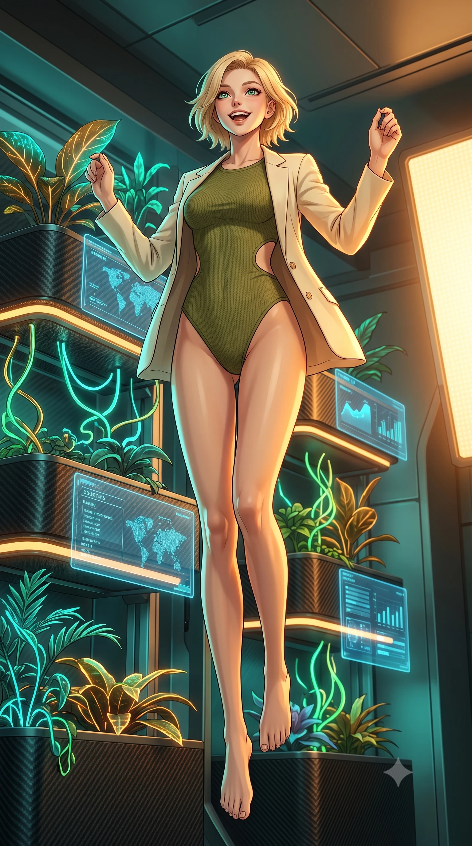score_9, masterpiece, best quality, ultra-detailed, high-budget anime keyframe, editorial fashion photography, tasteful artistic composition, Caucasian woman, strictly human ears. low angle full-body shot from head to toe showing her feet, filling the entire 9:16 vertical frame with her statuesque presence, stretching her vertical silhouette. ascending with a radiant, excited smile through inside a high-tech botanical research laboratory with carbon-fiber pots, neon-vined plants, and blue status displays mapping their growth. She has a statuesque 8.5-heads proportion, an exceptionally tall, slender and willowy model-like build with impossibly long legs and a highly sculpted ultra-slim waist. sharp v-shaped jawline, high-bridge nose, intricate jewel-like eyes with depth, thick eyelashes, glossy lips with a natural sheen. wearing a fitted knit bodysuit in olive green with a subtle waist cutout, under an open cream blazer. warm amber rim lighting combined with cool teal fill light creating dramatic contrast. 2k, ultra detail, master piece, 9:16 ratio