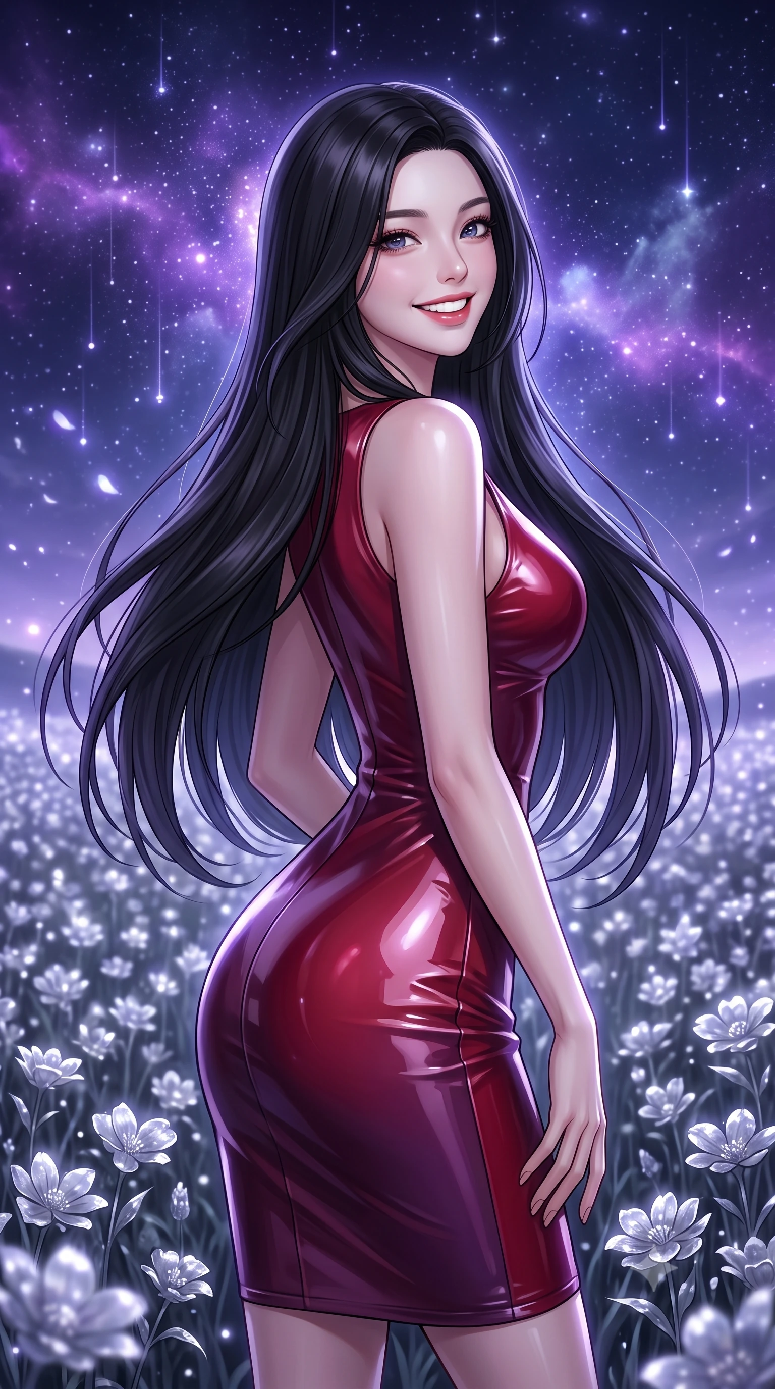 score_9, masterpiece, best quality, ultra-detailed, high-budget anime keyframe, editorial fashion photography, tasteful artistic composition, Korean woman. close-up cowboy shot from the waist and thighs up, the character dominates the composition, filling the frame with her large presence, background elements kept in soft focus. Looking over her shoulder with a bright, welcoming smile and happy eyes. set against a soft-focus background of in an endless field of silver flowers swaying in the night breeze under a sky filled with glowing violet nebulae and falling stardust. She has an exceptionally elegant, slender, and willowy female figure with a highly-defined ultra-slim waist, a gracefully sculpted slender torso, and a refined slim-fit silhouette that contours her form. sharp v-shaped jawline, high-bridge nose, intricate jewel-like eyes with depth, thick eyelashes, glossy lips with a natural sheen. wearing a glossy vinyl-effect pencil dress in dual-tone cherry red and plum, sculpting her slender silhouette with lacquered perfection. cool starlight and deep violet cosmic light wrapping the silver meadow in a soft glowing atmosphere. 2k, ultra detail, master piece, 9:16 ratio