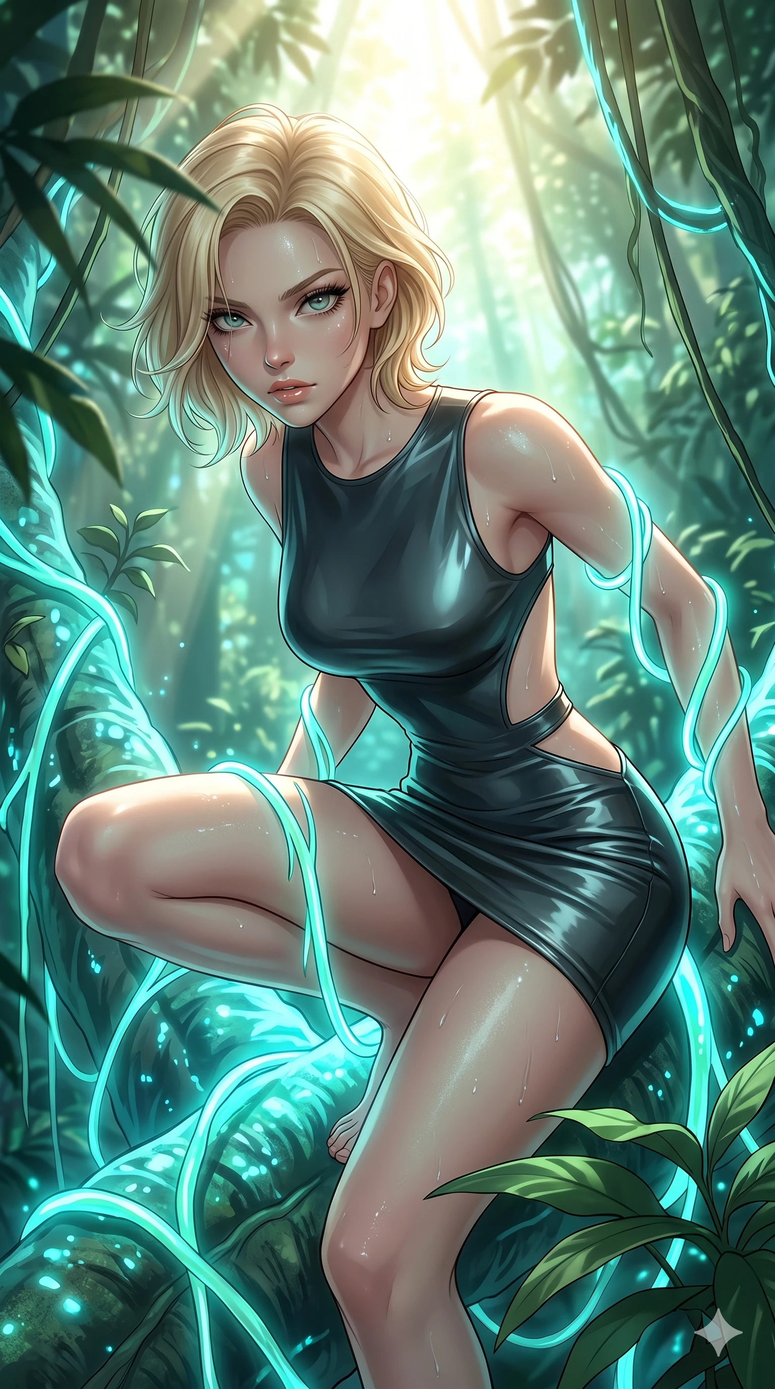 score_9, masterpiece, best quality, ultra-detailed, high-budget anime keyframe, Caucasian woman, strictly human ears. Upper body close-up from the thighs up, character filling the screen for maximum presence. She is crouching dynamically on a massive bioluminescent jungle root, wrapped in glowing vines. She leans close to the camera, looking through the foliage with a piercing, animalistic gaze. She has an absolutely perfect 8-heads proportion, an exceptionally tall and slender female figure with impossibly long slender legs and an ultra-slim waist. V-shaped jawline, high-bridge nose, intricate jewel-like eyes with depth, thick eyelashes, glossy lips with a natural sheen. She is wearing a second-skin fashion-latex mini dress with a clean architectural front, featuring an open-back design that wraps around the sides of her waist, showcasing her slender silhouette. The scene is bathed in bright sunbeams filtering through a dense canopy and glowing cyan ambient forest light. 2k, ultra detail, master piece, 9:16 ratio
