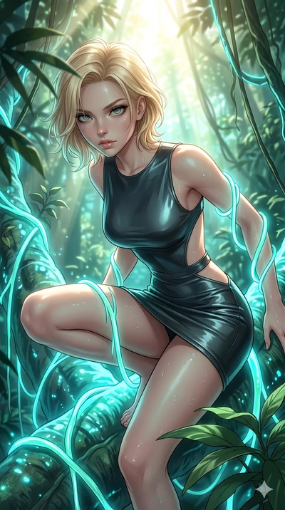score_9, masterpiece, best quality, ultra-detailed, high-budget anime keyframe, Caucasian woman, strictly human ears. Upper body close-up from the thighs up, character filling the screen for maximum presence. She is crouching dynamically on a massive