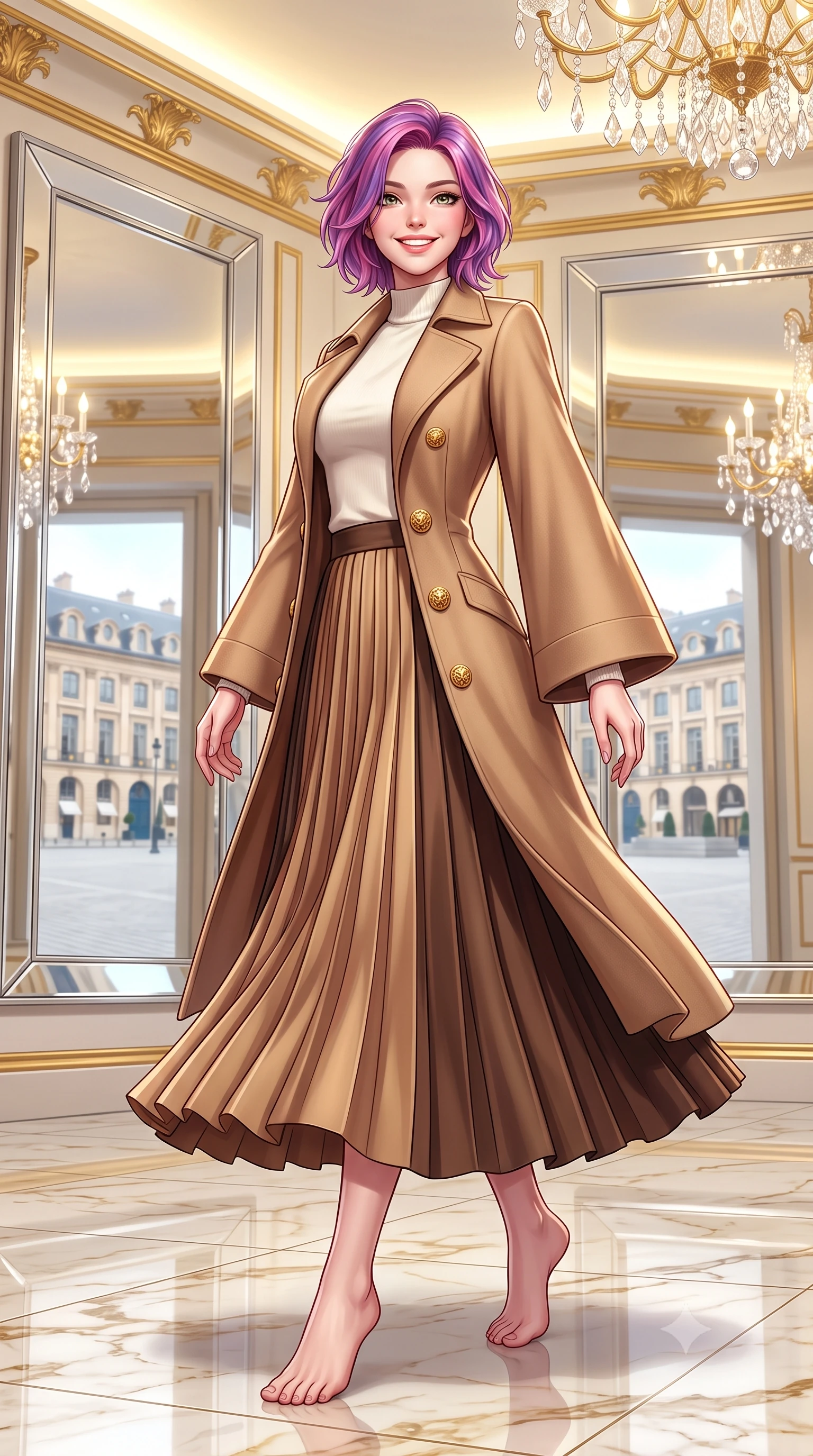 score_9, masterpiece, best quality, ultra-detailed, high-budget anime keyframe, semi-realistic 3D game render, editorial fashion photography, tasteful artistic composition, Caucasian woman. low angle full-body shot from head to toe showing her feet, filling the entire 9:16 vertical frame with her statuesque presence, stretching her vertical silhouette. executing an elegant pivot turn as the hem of her pleated wool skirt sways rhythmically, glancing back with joyful radiance while walking past monumental mirrors reflecting the historic octagonal Place Vendôme square, turning with magnetic high-fashion poise. The surrounding environment is rendered in vivid detail and crisp panoramic clarity: sharp beveled mirror frames, polished Calacatta gold marble floor veining, and gilded acanthus leaf moldings in deep focus. She has an exceptionally tall and slender model-like 8.5-heads proportion, an ultra-slim waist, a flat toned midriff, narrow delicate ribcage, and beautifully sculpted feminine hips creating a graceful, slim hourglass silhouette without any bulky heaviness, with impossibly long slender legs. sharp v-shaped jawline, high-bridge nose, intricate jewel-like sparkling eyes with depth, thick eyelashes, glossy parted lips with a natural peach sheen, bright cheerful beaming smile with an enchanting and coquettish sensual glint, exuding both youthful cute charm and seductive allure, flawlessly proportioned anatomical accuracy, strict slender model proportions, natural body alignment, perfectly sculpted long slender limbs, ultra-slim waistline, clean dynamic posture without body distortion. wearing an elegant tailored wool trench with kimono-inspired wide sleeves worn over an ivory mock-neck sweater and long skirt in Saint-Germain camel wool and warm espresso, crafted from fluid mulberry silk twill with an understated lustrous pearl finish, accented with an ornate 24k gold lion-embossed crest button along the front closure, the sharp shoulder tailoring and gently nipped waist framing her slender torso with pristine sartorial perfection. bathed in brilliant 3500K warm-white cove illumination and glittering multi-faceted crystal chandelier reflections. highly saturated vibrant anime colors, detailed shading with soft gradients, rich glossy textures, high-contrast stereoscopic depth, volumetric dynamic lighting, master piece, 9:16 ratio