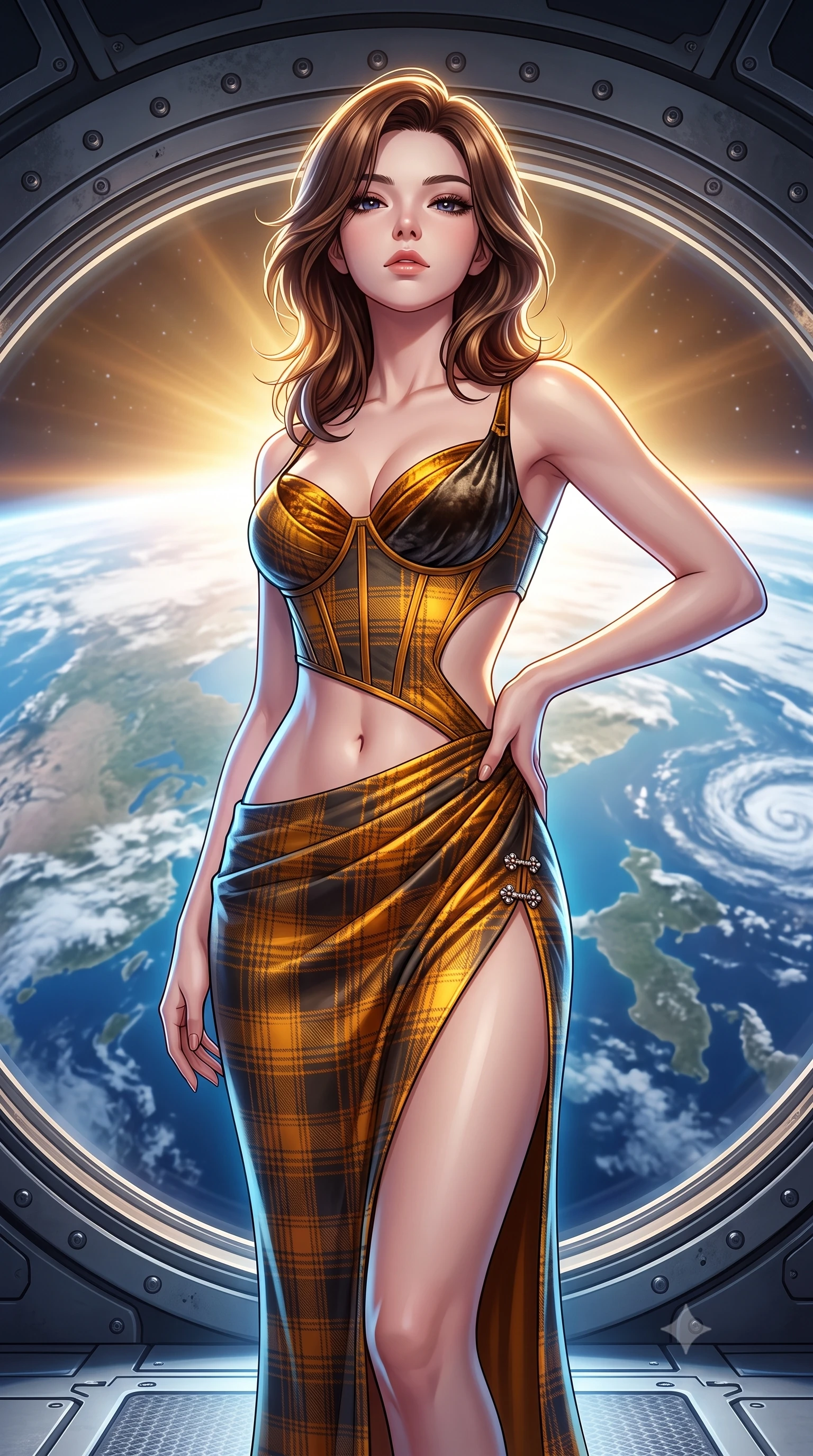 score_9, masterpiece, best quality, ultra-detailed, high-budget anime keyframe, semi-realistic 3D game render, editorial fashion photography, tasteful artistic composition, Korean woman. close-up cowboy shot from the waist and thighs up, the character dominates the composition, filling the frame with her large presence. tilting her chin up with proud, sovereign allure while gazing through thick eyelashes, one hand resting on her waist in pure supermodel charisma while standing poised on the magnetic observation deck, twisting her slender torso in an alluring S-curve as continents and cloud swirls drift beneath her feet. The surrounding environment is rendered in vivid detail and crisp panoramic clarity. sharp curved station viewport frames, titanium bulkhead rivets, and magnetic deck seams in deep focus. She has an exceptionally elegant, slender, and willowy female figure with an ultra-slim waist, flat toned midriff, narrow ribcage, and sculpted feminine hips creating an alluring, slim hourglass silhouette without bulk. sharp v-shaped jawline, high-bridge nose, intricate jewel-like eyes with depth, thick eyelashes, glossy parted lips with a natural sheen, intensely captivating and seductive bedroom-eyes expression, flawlessly proportioned anatomical accuracy, strict slender model proportions, natural body alignment, perfectly sculpted long slender limbs, ultra-slim waistline, clean dynamic posture without body distortion. wearing a tailored tartan-wool and crushed-velvet corseted gala gown with an architectural open-waist cutout and high-cut thigh slit in molten amber-gold and dark gunmetal, made of fluid silk crepe with delicate inner corsetry boning, finished with an ultra-high side slit secured by miniature jeweled clasps, the form-contouring material adhering flawlessly to her sculpted flat midriff and slender torso, emphasizing her long leg lines and perfectly proportioned willowy build. bathed in radiant golden orbital sunrise backlighting and ambient cool blue Earth glow from below. highly saturated vibrant anime colors, detailed shading with soft gradients, rich glossy textures, high-contrast stereoscopic depth, volumetric dynamic lighting, master piece, 9:16 ratio