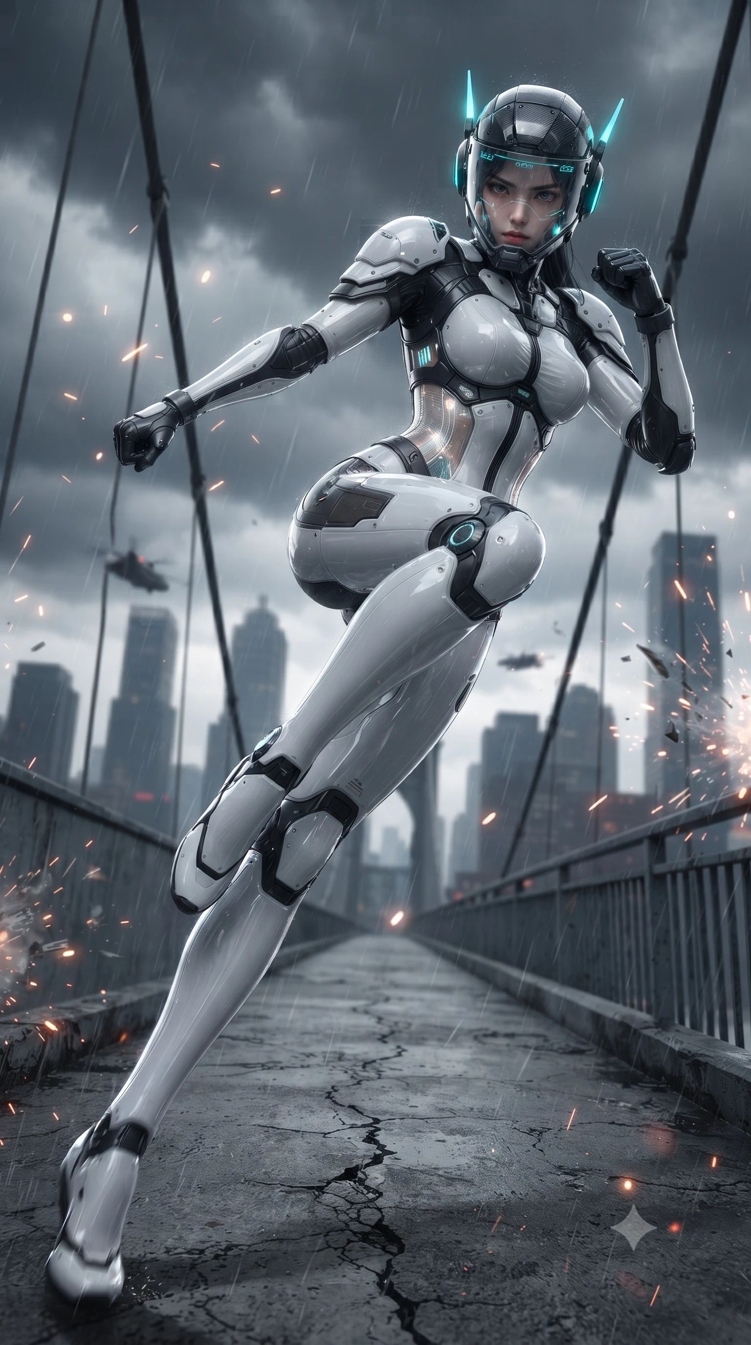 score_9, masterpiece, best quality, ultra-detailed, high-budget anime keyframe, editorial fashion photography, tasteful artistic composition, Korean woman. low angle full-body shot from head to toe showing her feet, filling the entire 9:16 vertical frame with her statuesque presence, stretching her vertical silhouette. pivoting dynamically in a high-speed low sweep kick along the cracked concrete, her athletic torso and ultra-slim waist twisting in a fluid arc of power while defending a narrow suspension skybridge 500 meters above a stormy megacity, her full-face transparent visor showing her fierce, focused expression. The composition keeps background elements in soft focus with creamy bokeh. sparkling rain streaks and drone explosion fragments scattering glowing light motes across a grand skyline. She has an absolutely perfect, statuesque 8.5-heads proportion, an exceptionally tall and slender model-like female figure with impossibly long slender legs, a toned flat midriff, and an ultra-slim waist. sharp v-shaped jawline, high-bridge nose, intricate jewel-like eyes with depth, thick eyelashes, glossy lips with a natural sheen, fierce and resolute heroine expression, flawlessly proportioned anatomical accuracy, strict slender model proportions, natural body alignment, perfectly sculpted long slender limbs, ultra-slim waistline, clean dynamic posture without body distortion. wearing a lightweight carbon-fiber tactical sensory headpiece with glowing cyan ear-antennae and an ultra-thin forehead HUD brow-band, paired with a statuesque high-fashion cyber-warrior armor suit with platinum bevels, heavy articulated shoulder guards, and an ultra-slim waist-cinching corset in monochrome white enamel carbon with high-contrast black tactical panels, crafted from semi-translucent cybernetic carbon-vinyl interwoven with glowing micro-filaments, featuring a sleek aerodynamic collar framed by subtle glowing cybernetic status LEDs, the glove-like aerodynamic second-skin fit tightly clinging to her ultra-slender waist and athletic curves without adding bulk, accentuating her razor-sharp statuesque lines and slim hourglass silhouette. illuminated by crisp specular highlights tracing her sculpted flat midriff, bare spine, and slender limbs. ultra-reflective glossy finish, specular highlights, dark metallic sheen, high-contrast stereoscopic depth, volumetric dynamic lighting, 2k, ultra detail, master piece, 9:16 ratio