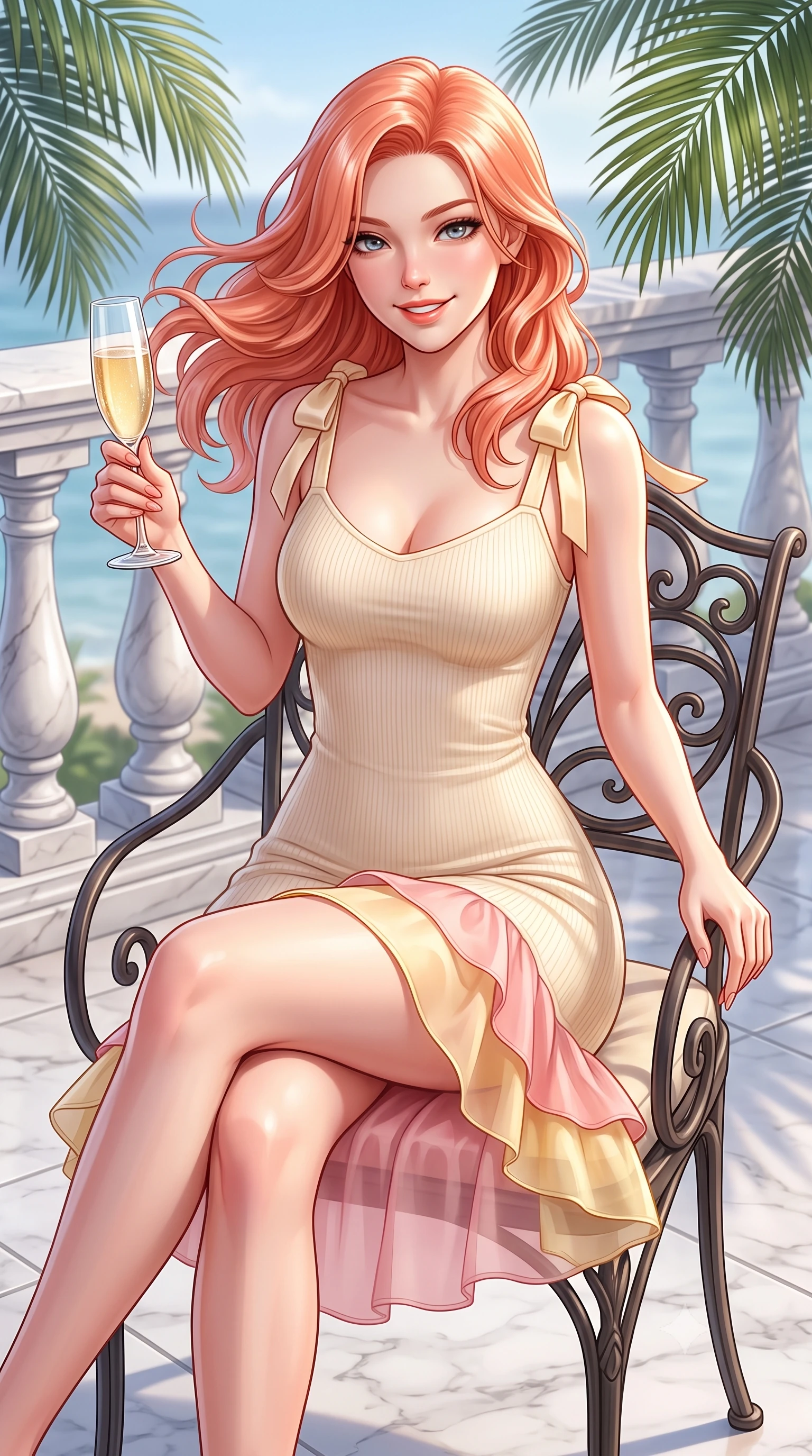 score_9, masterpiece, best quality, ultra-detailed, high-budget anime keyframe, semi-realistic 3D game render, editorial fashion photography, tasteful artistic composition, Japanese woman. close-up cowboy shot from the waist and thighs up, the character dominates the composition, filling the frame with her large presence. turning playfully with a bright confident smile, her glossy hair tossing in the coastal breeze as her hips angle gracefully in a captivating contrapposto while sitting gracefully in an ornate wrought-iron garden armchair with legs crossed, holding a champagne flute with effortless French Riviera poise. The surrounding environment is rendered in vivid detail and crisp panoramic clarity. sharp carved marble terrace balusters, palm frond ribs, and crystal glass clarity in deep focus. She has an exceptionally elegant, slender, and willowy female figure with an ultra-slim waist, flat toned midriff, narrow ribcage, and sculpted feminine hips creating an alluring, slim hourglass silhouette without bulk. sharp v-shaped jawline, high-bridge nose, sparkling amber-hazel eyes with depth, long lush eyelashes, glossy sun-kissed lips with a warm coral glaze, radiant teasing smile with sensual sunlit bedroom-eyes, exuding effortless old-money elegance and intoxicating sun-drenched allure, flawlessly proportioned anatomical accuracy, strict slender model proportions, natural body alignment, perfectly sculpted long slender limbs, ultra-slim waistline, clean dynamic posture without body distortion. wearing a second-skin stretch ribbed camisole dress in warm vanilla cream clinging to her athletic hips and flat midriff in sweet strawberry milk and warm butter yellow, woven from layered gossamer organza with weightless flutter, finished with cute satin bow ribbons tying at the shoulders, the high-waisted tailoring accentuating her ultra-slim waistline and the enchanting curve of her feminine hips with alluring sunlit charm. illuminated by grand marble terrace bounce and sharp platinum rim lights sculpting her razor-sharp jawline, narrow waist, and curvy hips. highly saturated vibrant anime colors, detailed shading with soft gradients, rich glossy textures, high-contrast stereoscopic depth, volumetric dynamic lighting, master piece, 9:16 ratio