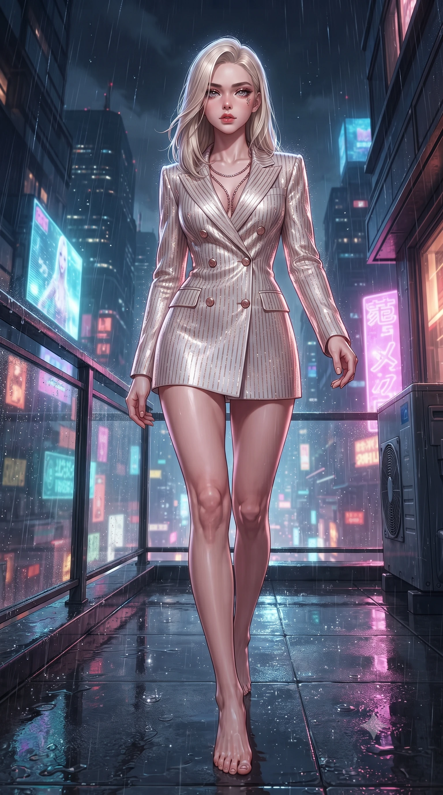 score_9, masterpiece, best quality, ultra-detailed, high-budget anime keyframe, editorial fashion photography, tasteful artistic composition, Caucasian woman. low angle full-body shot from head to toe showing her feet, filling the entire 9:16 vertical frame with her statuesque presence, stretching her vertical silhouette. stepping forward with proud posture, filling the vertical frame with her magnetic presence poised on a rain-slicked balcony overlooking a glowing futuristic metropolis, wet asphalt surfaces casting glossy specular highlights from surrounding signs. She has an absolutely perfect, statuesque 8.5-heads proportion, an exceptionally tall and slender model-like female figure with impossibly long slender legs and an ultra-slim waist. sharp v-shaped jawline, high-bridge nose, intricate jewel-like eyes with depth, thick eyelashes, glossy lips with a natural sheen. wearing a double-breasted blazer dress with metallic pin-stripes in pearl white and rose gold, made of premium stretch velvet with a rich sheen, adorned with delicate metallic chain straps along the neckline, the sleek second-skin texture accentuating her magnetic presence. surrounded by a vibrant, atmospheric city glow with glistening raindrops. highly saturated vibrant anime colors, detailed shading with soft gradients, rich glossy textures, high-contrast stereoscopic depth, volumetric dynamic lighting, master piece, 9:16 ratio
