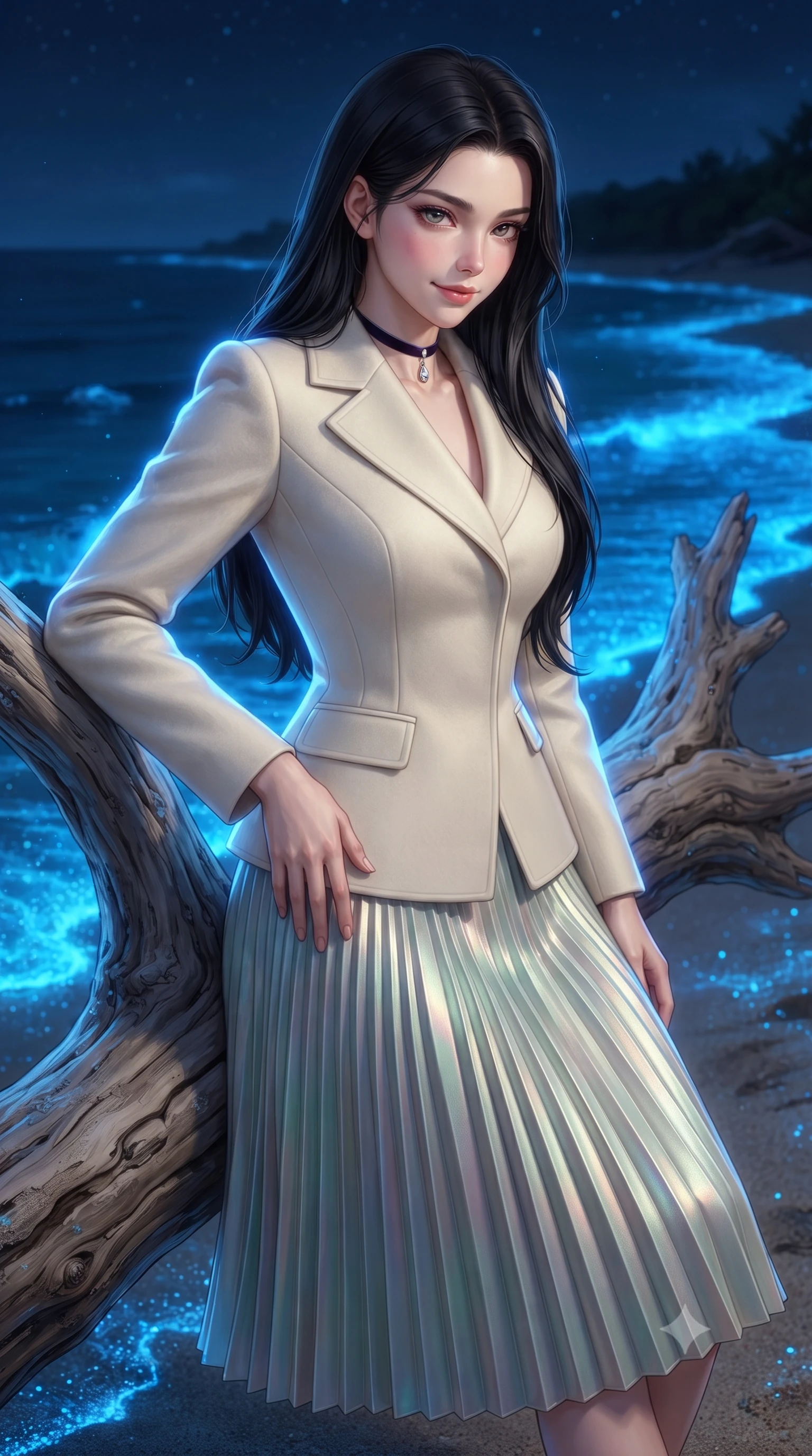 score_9, masterpiece, best quality, ultra-detailed, high-budget anime keyframe, editorial fashion photography, tasteful artistic composition, Korean woman. close-up cowboy shot from the waist and thighs up, the character dominates the composition, filling the frame with her large presence. tilting her head with a teasing half-smile, running one hand slowly down the side of her hip in a flirtatious S-curve as ambient light caresses her silhouette while leaning against the sculptural weathered driftwood log with hips cocked back, looking along the glowing blue shoreline with smoldering bedroom-eyes. The surrounding environment is rendered in vivid detail and crisp panoramic clarity: sharp phosphorescent neon-blue wave foam droplets, fine wet coral sand grains, and weathered driftwood grain in deep focus. She has an exceptionally elegant, slender, and willowy female figure with an ultra-slim waist, flat toned midriff, narrow ribcage, and sculpted feminine hips creating an alluring, slim hourglass silhouette without bulk. sharp v-shaped jawline, high-bridge nose, intricate jewel-like sparkling eyes with depth, thick eyelashes, glossy parted lips with a natural peach sheen, bright cheerful beaming smile with an enchanting and coquettish sensual glint, exuding both youthful cute charm and seductive allure, flawlessly proportioned anatomical accuracy, strict slender model proportions, natural body alignment, perfectly sculpted long slender limbs, ultra-slim waistline, clean dynamic posture without body distortion. wearing a tailored double-faced ivory wool riding coat paired with an A-line accordion pleated midi skirt in iridescent seafoam pearl and champagne luster, crafted from bespoke double-faced cashmere with an exceptionally soft tactile finish, finished with a thin velvet ribbon choker and a single teardrop diamond pendant, the bespoke structured tailoring following the natural line of her 8.5-heads silhouette with refined elegance. illuminated by glowing wet sand reflection sheen and sharp neon-blue and gold dual rim lights defining her dewy collarbones, ultra-slim waist, and curvy hips. ultra-reflective glossy finish, specular highlights, rich textural contrasts, high-contrast stereoscopic depth, volumetric dynamic lighting, 2k, ultra detail, master piece, 9:16 ratio