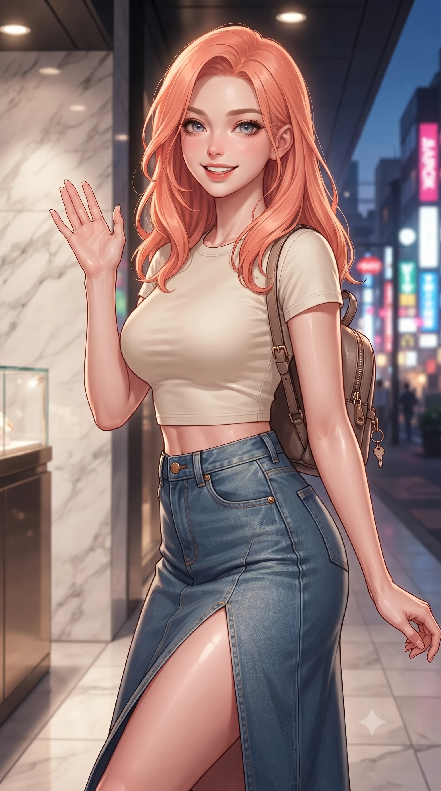 score_9, masterpiece, best quality, ultra-detailed, high-budget anime keyframe, editorial fashion photography, tasteful artistic composition, Japanese woman. close-up cowboy shot from the waist and thighs up, the character dominates the composition, filling the frame with her large presence, background elements kept in soft focus. flashing a sweet, beaming smile while waving one hand gently toward the camera set against a soft-focus background of near a chic department store entrance with marble walls and glass displays holding a cute key ring attached to her small backpack. She has an exceptionally elegant, slender, and willowy female figure with an ultra-slim waist, a gracefully sculpted slender torso, and a refined silhouette. sharp v-shaped jawline, high-bridge nose, intricate jewel-like eyes with depth, thick eyelashes, glossy lips with a natural sheen. wearing tailored modern crop top tee in cream, paired with a high-slit denim midi skirt. vibrant streetlights and store signs casting dynamic highlights on her form. ultra-reflective glossy finish, specular highlights, metallic sheen, high-contrast stereoscopic depth, volumetric dynamic lighting, 2k, ultra detail, master piece, 9:16 ratio