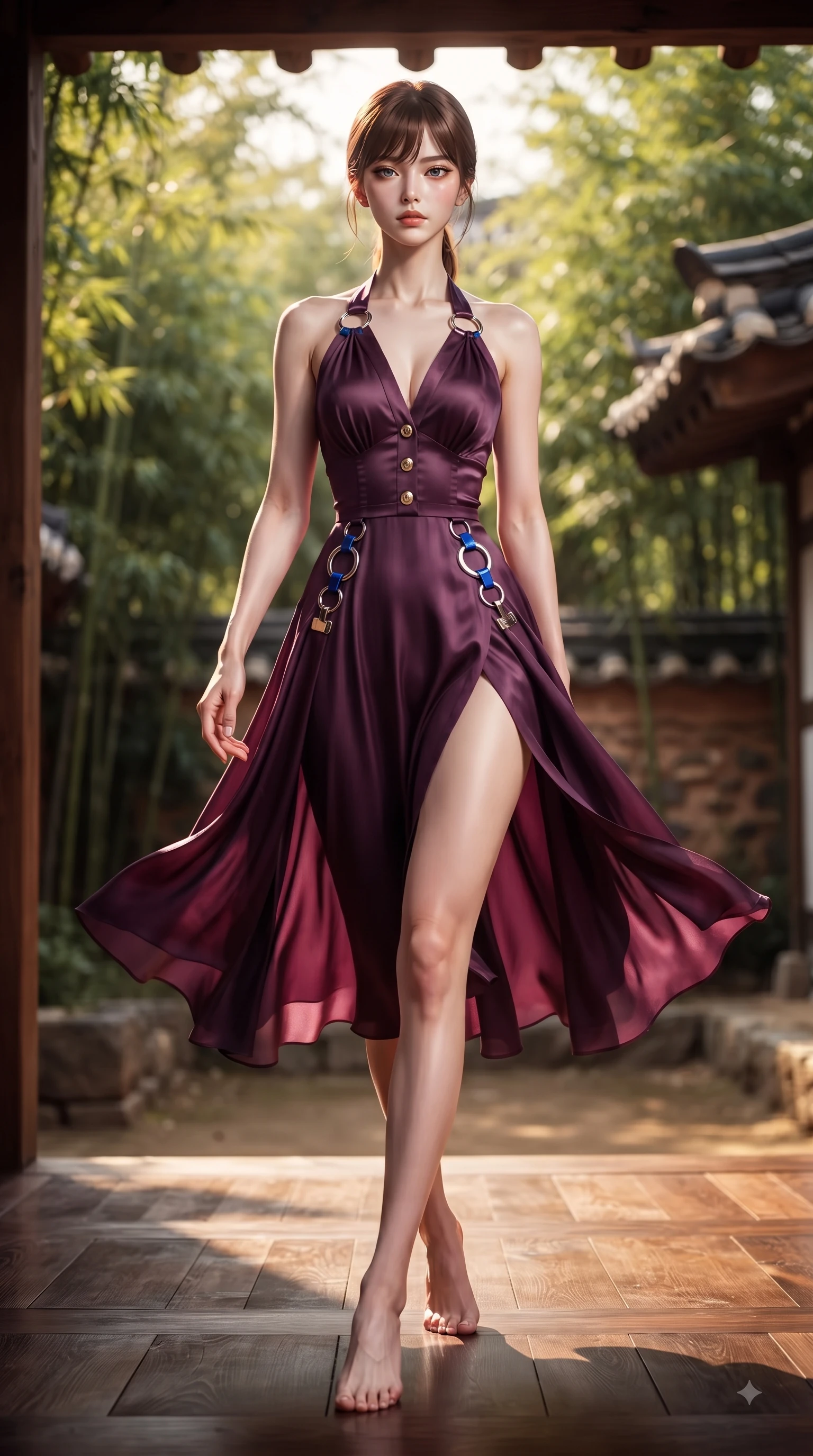 score_9, masterpiece, best quality, ultra-detailed, high-budget anime keyframe, editorial fashion photography, tasteful artistic composition, Korean woman. low angle full-body shot from head to toe showing her feet, filling the entire 9:16 vertical frame with her statuesque presence, stretching her vertical silhouette. Haughty, chic expression with a poised chin-tilt and an aloof, magnetic gaze commanding attention while stepping gracefully through a sunlit Hanok courtyard surrounded by tall green bamboo stalks. The composition keeps background elements in soft focus with dreamy bokeh. green bamboo groves and traditional clay roof tiles blurred into serene, soft bokeh. She has an absolutely perfect, statuesque 8.5-heads proportion, an exceptionally tall and slender model-like female figure with impossibly long slender legs and an ultra-slim waist. sharp v-shaped jawline, high-bridge nose, intricate jewel-like eyes with depth, thick eyelashes, glossy lips with a natural sheen, flawlessly proportioned anatomical accuracy, natural body alignment, perfectly sculpted elegant limbs, clean dynamic posture without body distortion. wearing a rich plum purple halter-neck silk dress with silver ring hardware in electric cobalt blue and polished silver accent, woven from fine lightweight chiffon fluttering gracefully, finished with gold metallic hardware buttons along the front, the sleek second-skin fit accentuating her magnetic presence. surrounded by a serene, elegant, and heritage fashion editorial aura. ultra-reflective glossy finish, specular highlights, metallic sheen, high-contrast stereoscopic depth, volumetric dynamic lighting, 2k, ultra detail, master piece, 9:16 ratio
