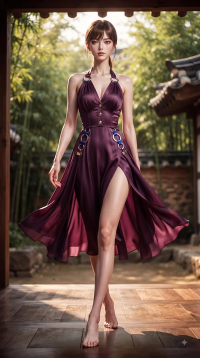 score_9, masterpiece, best quality, ultra-detailed, high-budget anime keyframe, editorial fashion photography, tasteful artistic composition, Korean woman. low angle full-body shot from head to toe showing her feet, filling the entire 9:16 vertical f