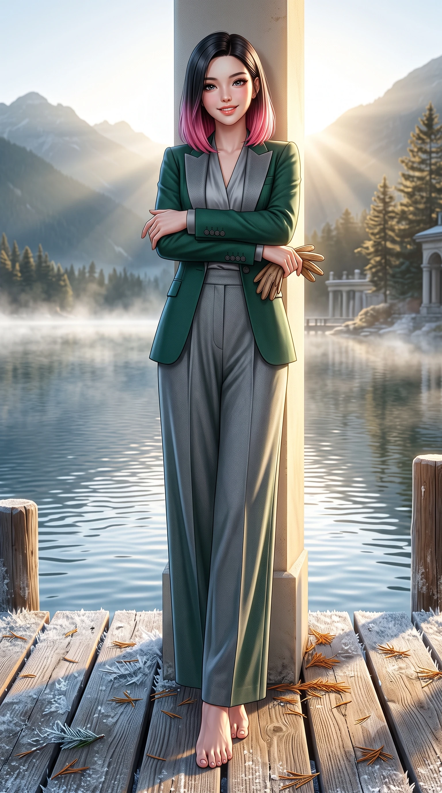 score_9, masterpiece, best quality, ultra-detailed, high-budget anime keyframe, semi-realistic 3D game render, editorial fashion photography, tasteful artistic composition, Korean woman. low angle full-body shot from head to toe showing her feet, filling the entire 9:16 vertical frame with her statuesque presence, stretching her vertical silhouette. leaning lightly against the sunlit architectural column with arms crossed loosely, flashing a warm, confident smile while leaning against the rustic timber pier railing, watching mist dance across the lake surface with tranquil poetic charm. The surrounding environment is rendered in vivid detail and crisp panoramic clarity: sharp ice crystal needles on wooden boardwalk planks, fallen larch needles, and ripples on glassy water in deep focus. She has an exceptionally tall and slender model-like 8.5-heads proportion, an ultra-slim waist, a flat toned midriff, narrow delicate ribcage, and beautifully sculpted feminine hips creating a graceful, slim hourglass silhouette without any bulky heaviness, with impossibly long slender legs. sharp v-shaped jawline, high-bridge nose, intricate jewel-like sparkling eyes with depth, thick eyelashes, glossy parted lips with a natural peach sheen, bright cheerful beaming smile with an enchanting and coquettish sensual glint, exuding both youthful cute charm and seductive allure, flawlessly proportioned anatomical accuracy, strict slender model proportions, natural body alignment, perfectly sculpted long slender limbs, ultra-slim waistline, clean dynamic posture without body distortion. wearing a chic tailored smoking jacket blazer paired with fluid pleated palazzo trousers and a silk blouse base in St. Moritz pine forest emerald and heather grey, tailored from fine wool gabardine with crisp permanent pleats and sharp drape, complemented by buttery leather gloves held delicately in one manicured hand, the precision-cut high-waisted tailoring accentuating her ultra-slim waist and long slender leg line with immaculate aristocratic poise. bathed in crisp, sparkling morning sun breaking over mountain crests, illuminating lake mist with ethereal golden backlighting. highly saturated vibrant anime colors, detailed shading with soft gradients, rich glossy textures, high-contrast stereoscopic depth, volumetric dynamic lighting, master piece, 9:16 ratio