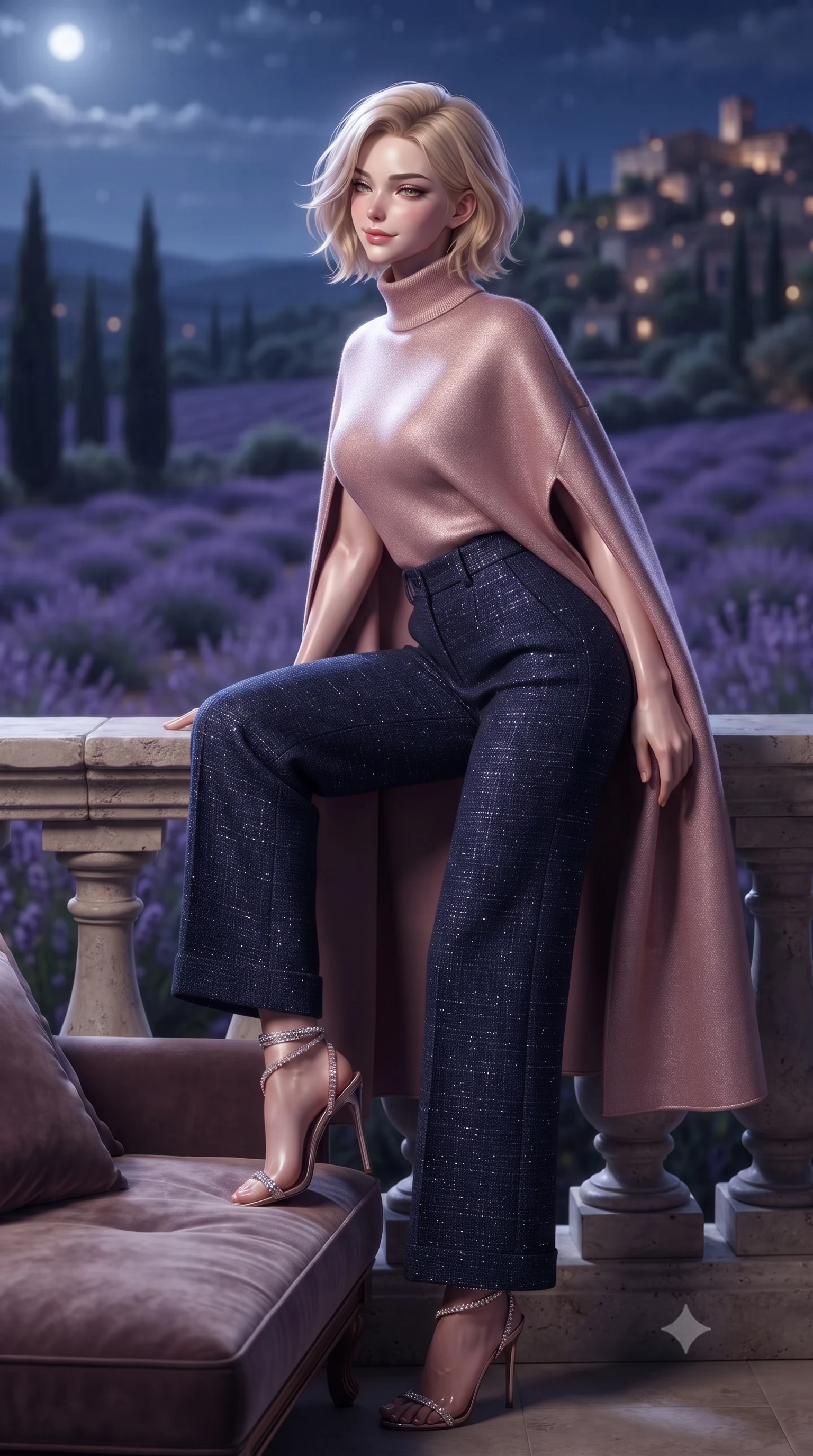 score_9, masterpiece, best quality, ultra-detailed, high-budget anime keyframe, editorial fashion photography, tasteful artistic composition, Caucasian woman. close-up cowboy shot from the waist and thighs up, the character dominates the composition, filling the frame with her large presence. perched sideways on the lounge seat, one knee drawn up to showcase her slender leg line while her arched back accentuates her feminine hip curve while leaning against the carved stone balustrade with hips cocked back, looking out over the fragrant nocturnal plateau with heavy-lidded bedroom-eyes. The background shows a soft-focus rolling purple lavender fields bathed in silver moonlight, dark cypress spires, and distant lights of hilltop stone villages blurred into lavender, amethyst, and silver bokeh. She has an exceptionally elegant, slender, and willowy female figure with an ultra-slim waist, flat toned midriff, narrow ribcage, and sculpted feminine hips creating an alluring, slim hourglass silhouette without bulk. sharp v-shaped jawline, high-bridge nose, intricate jewel-like sparkling eyes with depth, thick eyelashes, glossy parted lips with a natural peach sheen, bright cheerful beaming smile with an enchanting and coquettish sensual glint, exuding both youthful cute charm and seductive allure, flawlessly proportioned anatomical accuracy, strict slender model proportions, natural body alignment, perfectly sculpted long slender limbs, ultra-slim waistline, clean dynamic posture without body distortion. wearing a bespoke high-neck cashmere knit cape coat paired with tailored wide-leg wool trousers in Brittany pink granite rose and deep Atlantic navy, woven from structured British tweed with subtle metallic flecks, complemented by strappy stiletto sandals with crystal ankle wraps accentuating her slender calves, the impeccably tailored cut draping gracefully along her slender figure with aristocratic poise. illuminated by terrace stone bounce and sharp silver-lavender rim lights sculpting her razor-sharp jawline, narrow waist, and curvy hips. ultra-reflective glossy finish, specular highlights, rich textural contrasts, high-contrast stereoscopic depth, volumetric dynamic lighting, 2k, ultra detail, master piece, 9:16 ratio