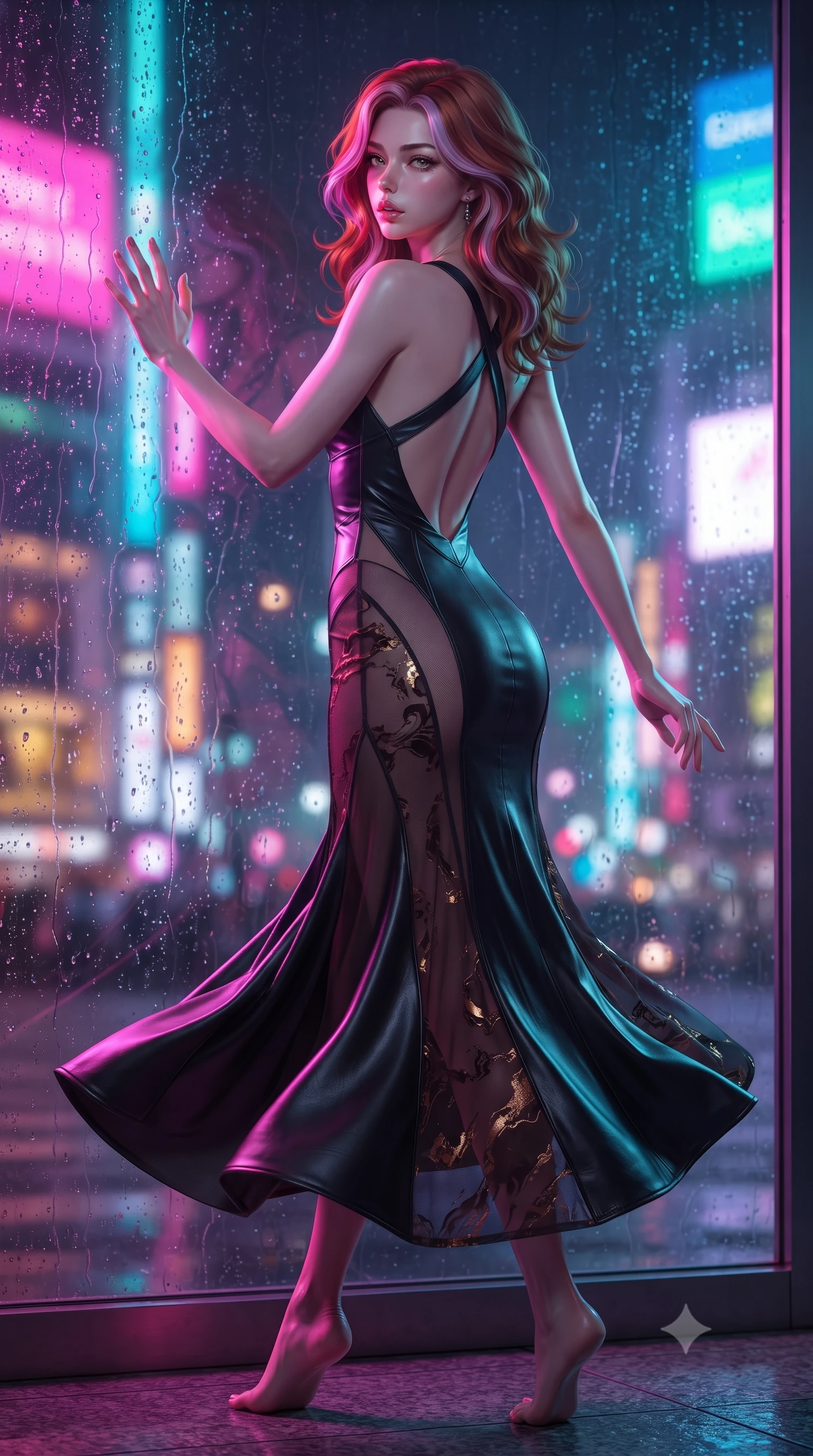 score_9, masterpiece, best quality, ultra-detailed, high-budget anime keyframe, editorial fashion photography, tasteful artistic composition, Caucasian woman. low angle full-body shot from head to toe showing her feet, filling the entire 9:16 vertical frame with her statuesque presence, stretching her vertical silhouette. executing an elegant mid-motion pivot turn as garments swirl around her slender limbs, glancing over her shoulder with an intoxicating bedroom-gaze while twisting her slender torso in an alluring contrapposto stance, one hand pressed against the glass as city neon washes over her curves with bedroom-eyes. The composition keeps background elements in soft focus with creamy bokeh. swirling Tokyo neon traffic trails and digital billboard light grids blurred into electric magenta, cyan, and amber bokeh. She has an exceptionally tall and slender model-like 8.5-heads proportion, an ultra-slim waist, a flat toned midriff, narrow delicate ribcage, and beautifully sculpted feminine hips creating a graceful, slim hourglass silhouette without any bulky heaviness, with impossibly long slender legs. sharp v-shaped jawline, high-bridge nose, intricate jewel-like eyes with depth, thick eyelashes, glossy parted lips with a natural sheen, intensely captivating and seductive bedroom-eyes expression, flawlessly proportioned anatomical accuracy, strict slender model proportions, natural body alignment, perfectly sculpted long slender limbs, ultra-slim waistline, clean dynamic posture without body distortion. wearing a second-skin black silk jersey maxi dress with asymmetrical sheer mesh side panels tracing the full curve of her hip in dark espresso brown and molten gold foil, formed from supple second-skin lambskin leather with specular sheen, finished with criss-cross back satin straps highlighting her graceful shoulder blades, the dramatically scooped open back descending to the base of her spine, accentuating her razor-sharp statuesque lines and slim hourglass silhouette. bathed in vibrant magenta and electric cyan neon underlights contrasting with cool night sky ambient fill. ultra-reflective glossy finish, specular highlights, rich textural contrasts, high-contrast stereoscopic depth, volumetric dynamic lighting, 2k, ultra detail, master piece, 9:16 ratio