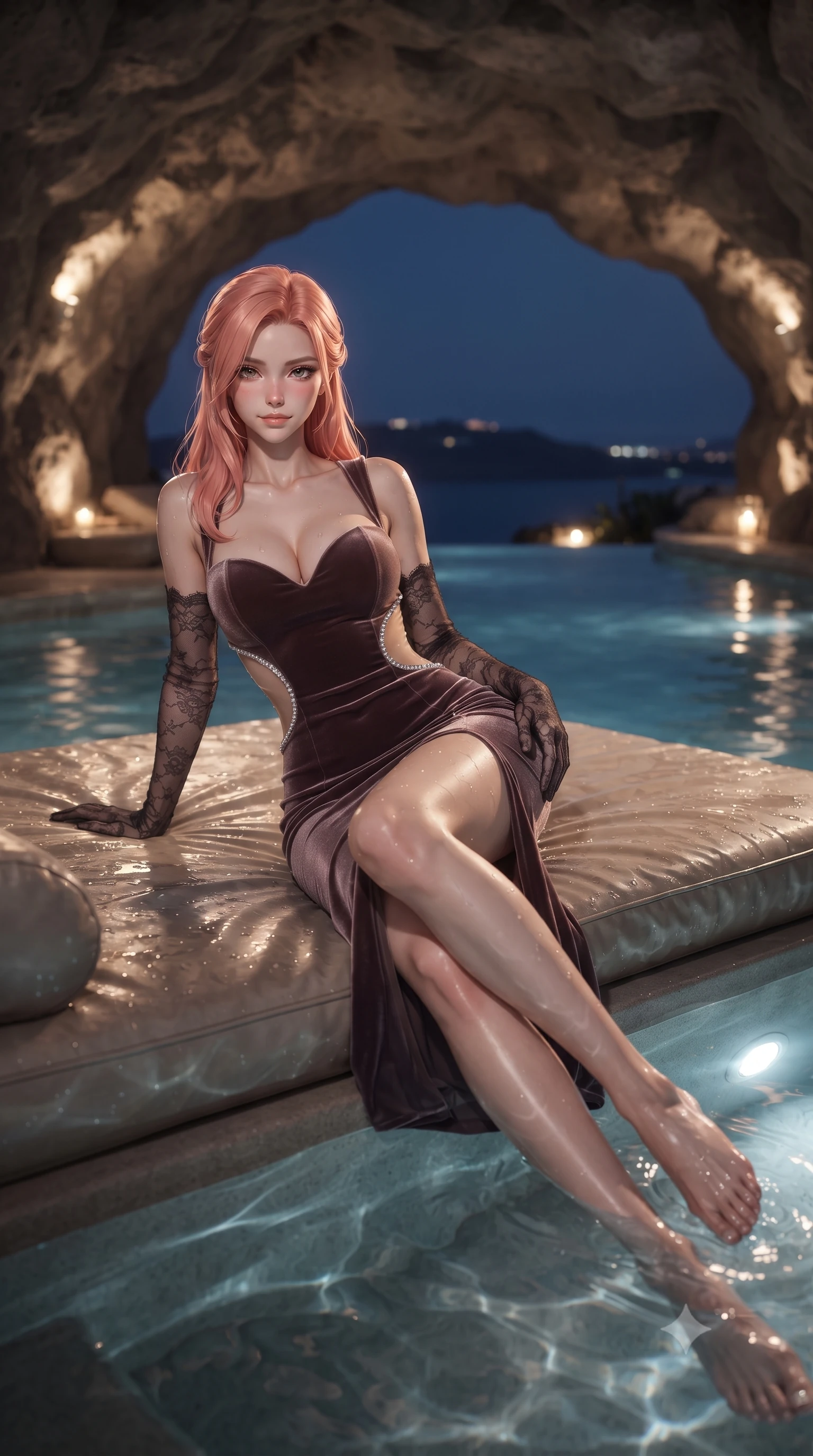 score_9, masterpiece, best quality, ultra-detailed, high-budget anime keyframe, editorial fashion photography, tasteful artistic composition, Japanese woman. low angle full-body shot from head to toe showing her feet, filling the entire 9:16 vertical frame with her statuesque presence, stretching her vertical silhouette. lounging on the lavish daybed with legs crossed and hips angled toward the camera, displaying her toned midriff and long slender limbs with effortless siren poise while lounging in the shallow heated pool propped on one elbow, her flat midriff and long slender legs commanding the panoramic island night vista. The background shows a soft-focus curving volcanic cave rock ceiling softened in intimate nocturnal resort shallow focus. She has an absolutely perfect, statuesque 8.5-heads proportion, an exceptionally tall and slender model-like female figure with impossibly long slender legs, an ultra-slim waist, a flat toned midriff, narrow delicate ribcage, and beautifully sculpted feminine hips creating a graceful, slim hourglass silhouette without any bulky heaviness. sharp v-shaped jawline, high-bridge nose, sparkling eyes with hypnotic seductive depth, thick curled eyelashes, glossy parted lips with a natural dewy peach sheen, alluring bedroom-eyes with an enchanting coquettish smile, exuding magnetic siren charisma and sophisticated glamour, flawlessly proportioned anatomical accuracy, strict slender model proportions, natural body alignment, perfectly sculpted long slender limbs, ultra-slim waistline, clean dynamic posture without body distortion. wearing a deep sweetheart-neckline velvet bodycon dress with sheer side-torso cutouts accentuating her hourglass curves in sheer dusky champagne and glistening crystal trims, tailored from fine structural neoprene with crisp architectural edges and smooth contouring, complemented by sheer opera-length lace evening gloves tracing her slender arms, the glove-like clinging cut tightly following the natural contour of her hips and long slender legs with youthful 8.5-heads elegance. illuminated by aquatic reflection caustics and sharp platinum-gold rim lights sculpting her razor-sharp jawline, narrow waist, and curvy hips. ultra-reflective glossy finish, specular highlights, rich textural contrasts, high-contrast stereoscopic depth, volumetric dynamic lighting, 2k, ultra detail, master piece, 9:16 ratio