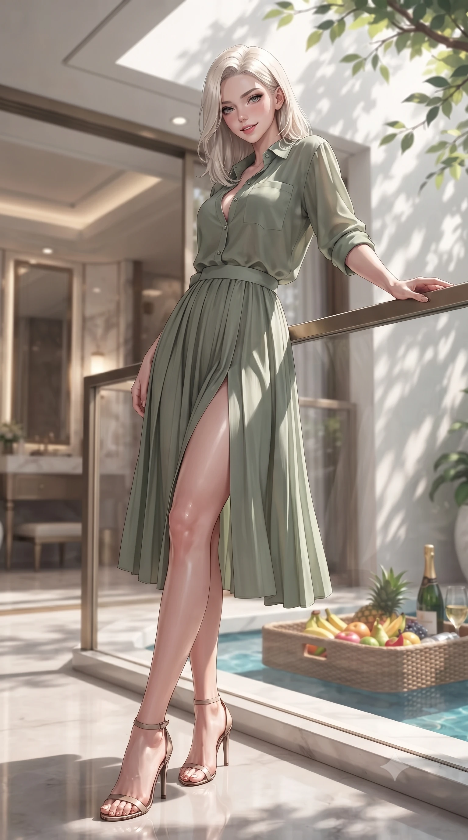 score_9, masterpiece, best quality, ultra-detailed, high-budget anime keyframe, editorial fashion photography, tasteful artistic composition, Caucasian woman. low angle full-body shot from head to toe showing her feet, filling the entire 9:16 vertical frame with her statuesque presence, stretching her vertical silhouette. leaning gracefully against the balcony railing with an alluring smile, casting a smoldering side-glance over her bare shoulder set against a soft-focus background of inside an exclusive vanity suite with a floating pool tray of tropical fruits and chilled wine in soft focus. She has an absolutely perfect, statuesque 8.5-heads proportion, an exceptionally tall and slender model-like female figure with impossibly long slender legs and an ultra-slim waist. sharp v-shaped jawline, high-bridge nose, intricate jewel-like eyes with depth, thick eyelashes, glossy lips with a natural sheen. wearing form-contouring sage green semi-opaque chiffon casual linen button-down shirt paired with a flowy pleated midi skirt featuring refined tailored seams. highlighted by dappled sunlight filtering through leafy branches, creating soft organic patterns. ultra-reflective glossy finish, specular highlights, metallic sheen, high-contrast stereoscopic depth, volumetric dynamic lighting, 2k, ultra detail, master piece, 9:16 ratio
