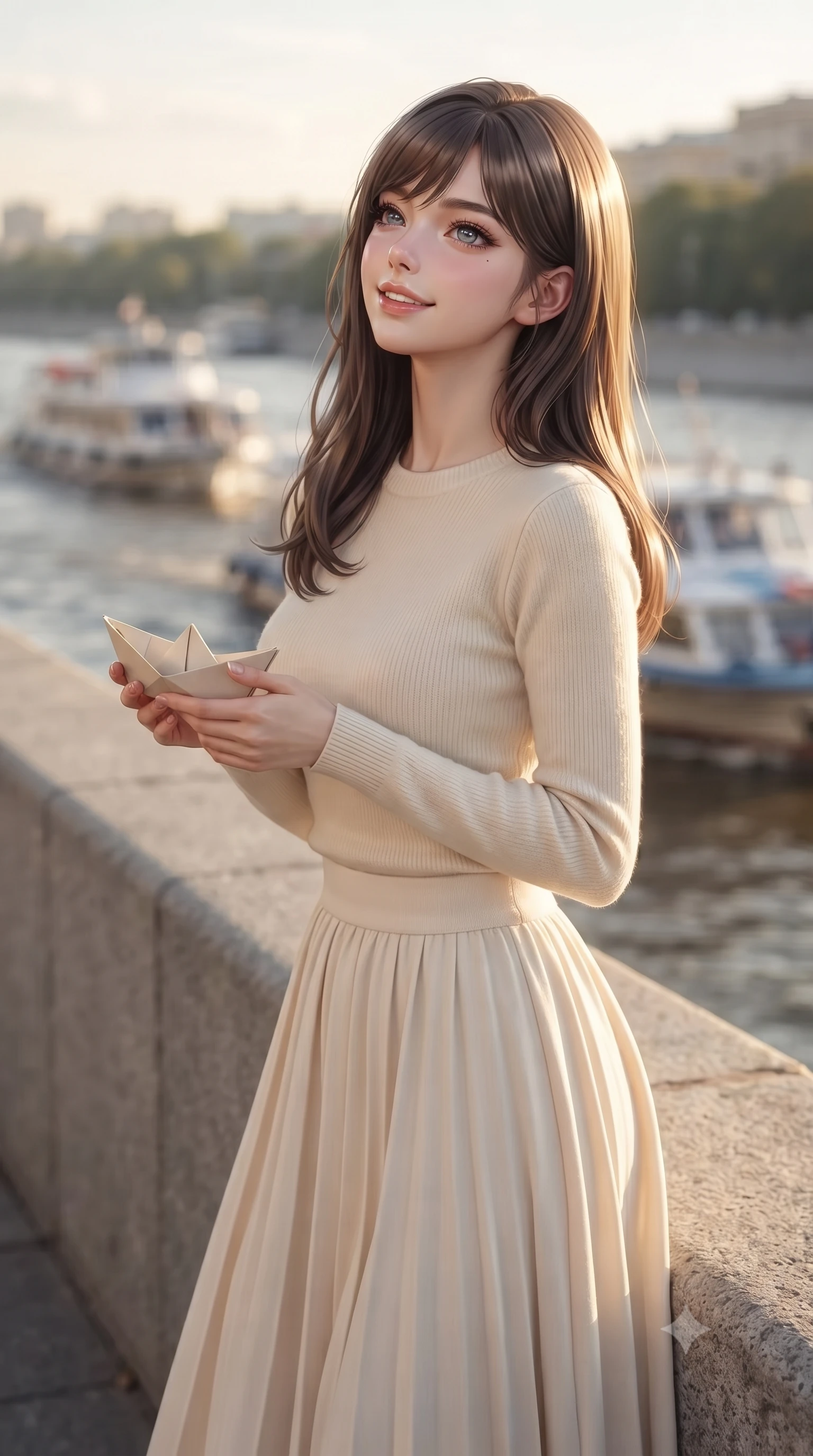 score_9, masterpiece, best quality, ultra-detailed, high-budget anime keyframe, editorial fashion photography, tasteful artistic composition, Korean woman. close-up cowboy shot from the waist and thighs up, the character dominates the composition, filling the frame with her large presence, background elements kept in soft focus. tilting her chin up with a composed yet magnetic gaze under long dark eyelashes set against a soft-focus background of on a concrete river embankment overlooking passing leisure boats holding a small paper boat with a delighted smile, ready to float it. She has an exceptionally elegant, slender, and willowy female figure with an ultra-slim waist, a gracefully sculpted slender torso, and a refined silhouette. sharp v-shaped jawline, high-bridge nose, intricate jewel-like eyes with depth, thick eyelashes, glossy lips with a natural sheen. wearing slim-fit cozy knit sweater in cream, paired with a flowy pleated midi skirt. soft afternoon sunbeams creating a peaceful, quiet country atmosphere. ultra-reflective glossy finish, specular highlights, metallic sheen, high-contrast stereoscopic depth, volumetric dynamic lighting, 2k, ultra detail, master piece, 9:16 ratio