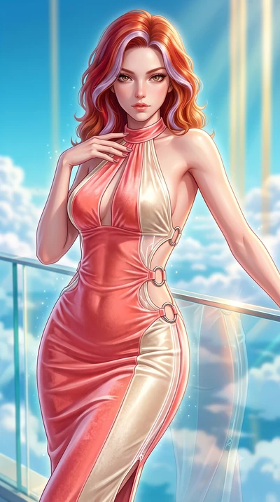 score_9, masterpiece, best quality, ultra-detailed, high-budget anime keyframe, semi-realistic 3D game render, editorial fashion photography, tasteful artistic composition, Caucasian woman. close-up cowboy shot from the waist and thighs up, the chara