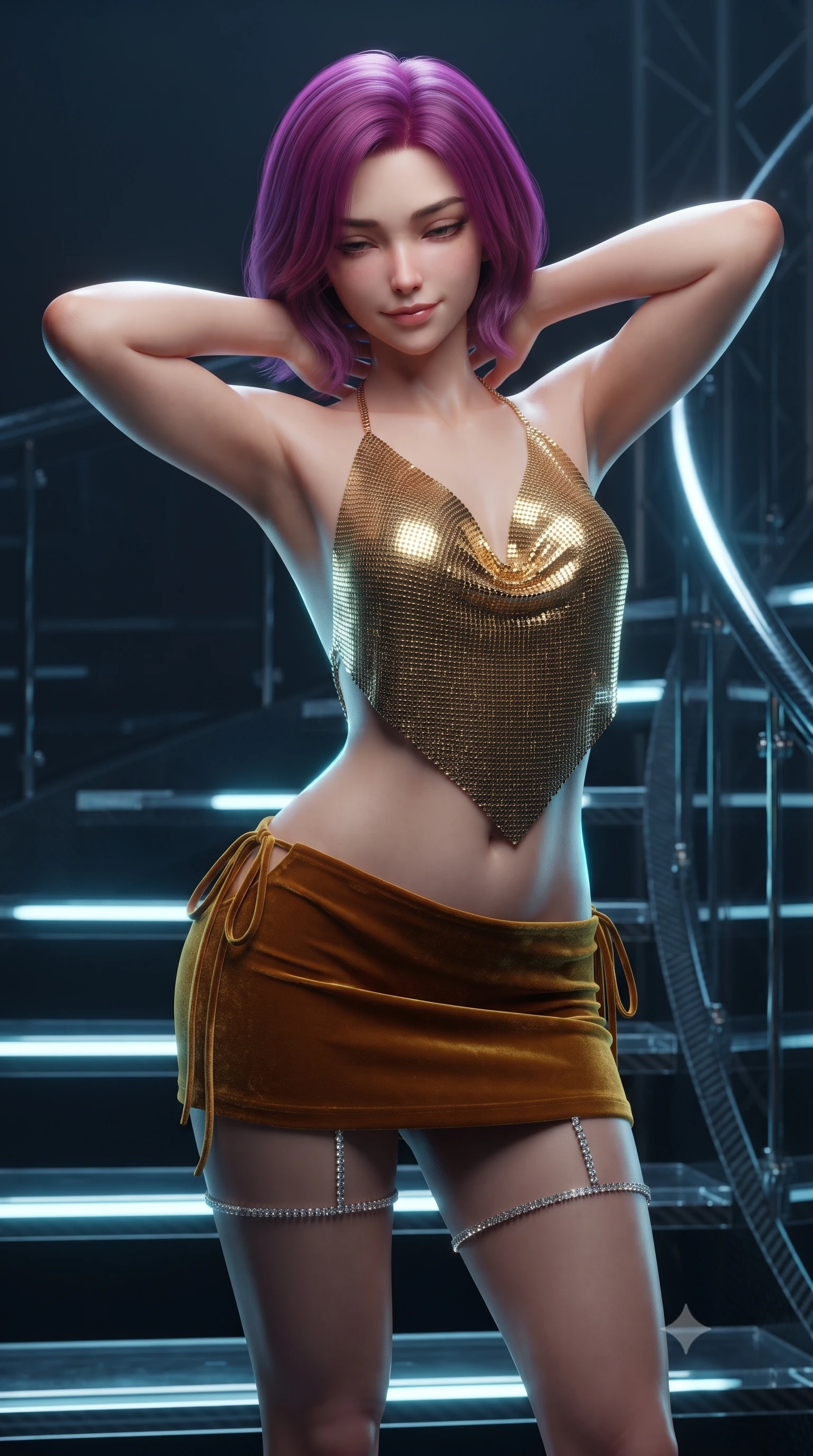 score_9, masterpiece, best quality, ultra-detailed, high-budget anime keyframe, editorial fashion photography, tasteful artistic composition, Caucasian woman. close-up cowboy shot from the waist and thighs up, the character dominates the composition, filling the frame with her large presence. resting both hands lightly behind her neck with elbows raised, arching her spine to highlight her narrow waist, flat midriff, and breathtaking collarbones while paused mid-step on the suspended acrylic spiral catwalk, arching her lower back to accentuate her curvy hips as she looks down with bedroom-eyes. The surrounding environment is rendered in vivid detail and crisp panoramic clarity: sharp glowing flower petal veins, clear acrylic catwalk tread edges, and carbon-fiber structural truss ribs in deep focus. She has an exceptionally elegant, slender, and willowy female figure with an ultra-slim waist, flat toned midriff, narrow ribcage, and sculpted feminine hips creating an alluring, slim hourglass silhouette without bulk. sharp v-shaped jawline, high-bridge nose, sparkling eyes with hypnotic seductive depth, thick curled eyelashes, glossy parted lips with a natural dewy peach sheen, alluring bedroom-eyes with an enchanting coquettish smile, exuding magnetic siren charisma and sophisticated glamour, flawlessly proportioned anatomical accuracy, strict slender model proportions, natural body alignment, perfectly sculpted long slender limbs, ultra-slim waistline, clean dynamic posture without body distortion. wearing a liquid gold chainmail cowl halter top paired with an ultra-low-rise velvet mini skirt and side rhinestone ties in warm amber honey and antique gold leaf, woven from buttery-soft stretch lambskin leather adhering to her body like a second skin, finished with delicate crystal-encrusted thigh garter straps glinting in the dim light, the precision-cut side openings and low-back scoop framing her graceful spine and the sensual sweep of her slim, toned hips. illuminated by acrylic catwalk reflection fill and sharp electric-cyan rim lights defining her delicate clavicles, ultra-slim waist, and curvy hips. ultra-reflective glossy finish, specular highlights, rich textural contrasts, high-contrast stereoscopic depth, volumetric dynamic lighting, 2k, ultra detail, master piece, 9:16 ratio