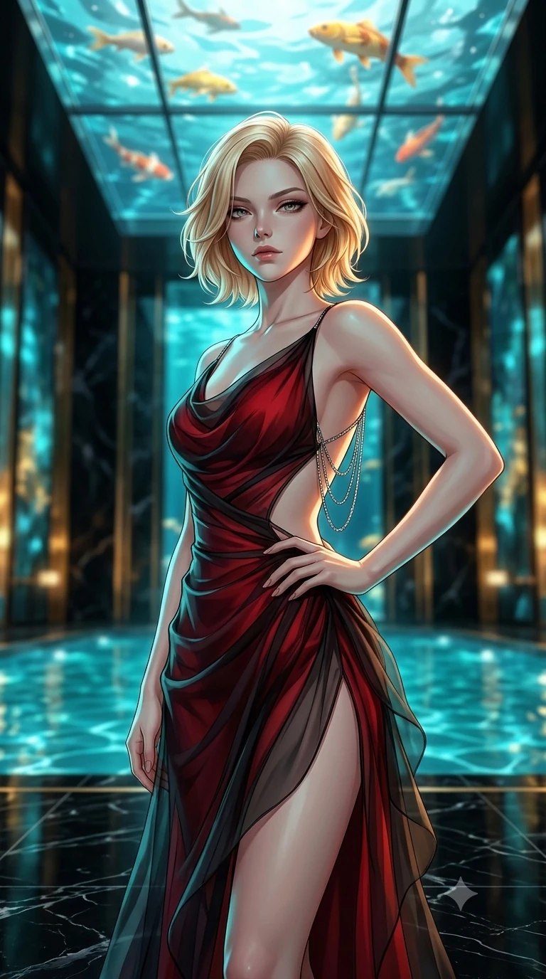 score_9, masterpiece, best quality, ultra-detailed, high-budget anime keyframe, semi-realistic 3D game render, editorial fashion photography, tasteful artistic composition, Caucasian woman. close-up cowboy shot from the waist and thighs up, the character dominates the composition, filling the frame with her large presence. holding a confident power pose with one hand on her hip, looking into the lens with smoldering intensity while standing poised on the black marble floor beneath the transparent glass ceiling, looking up as golden koi swim through illuminated waters overhead. The background shows a soft-focus swimming koi silhouettes overhead, shimmering turquoise pool water refractions, and towering obsidian wall panels blurred into aquatic cyan, gold, and obsidian bokeh. She has an exceptionally elegant, slender, and willowy female figure with an ultra-slim waist, flat toned midriff, narrow ribcage, and sculpted feminine hips creating an alluring, slim hourglass silhouette without bulk. sharp v-shaped jawline, high-bridge nose, intricate jewel-like dark sparkling eyes with hypnotic seductive depth, thick curled eyelashes, glossy parted lips with a natural wine sheen, alluring bedroom-eyes with an enigmatic smoldering smile, exuding magnetic sovereign charisma and dark avant-garde glamour, flawlessly proportioned anatomical accuracy, strict slender model proportions, natural body alignment, perfectly sculpted long slender limbs, ultra-slim waistline, clean dynamic posture without body distortion. wearing a form-contouring gossamer silk chiffon slip dress with hip-high slit and open cowl back clinging with mist in crimson laser red and cold midnight shadow tones, crafted from layered gossamer black organza with weightless, smoky flutter, accented with an open-back drape framed by falling strands of delicate chrome chains, the precision-cut side openings and low-back scoop framing her graceful spine and the sensual sweep of her slim, toned hips. illuminated by polished floor bounce and sharp cyan-amber rim lights defining her razor-sharp jawline, narrow waist, and curvy hips. highly saturated vibrant anime colors, detailed shading with soft gradients, rich glossy textures, high-contrast stereoscopic depth, volumetric dynamic lighting, master piece, 9:16 ratio