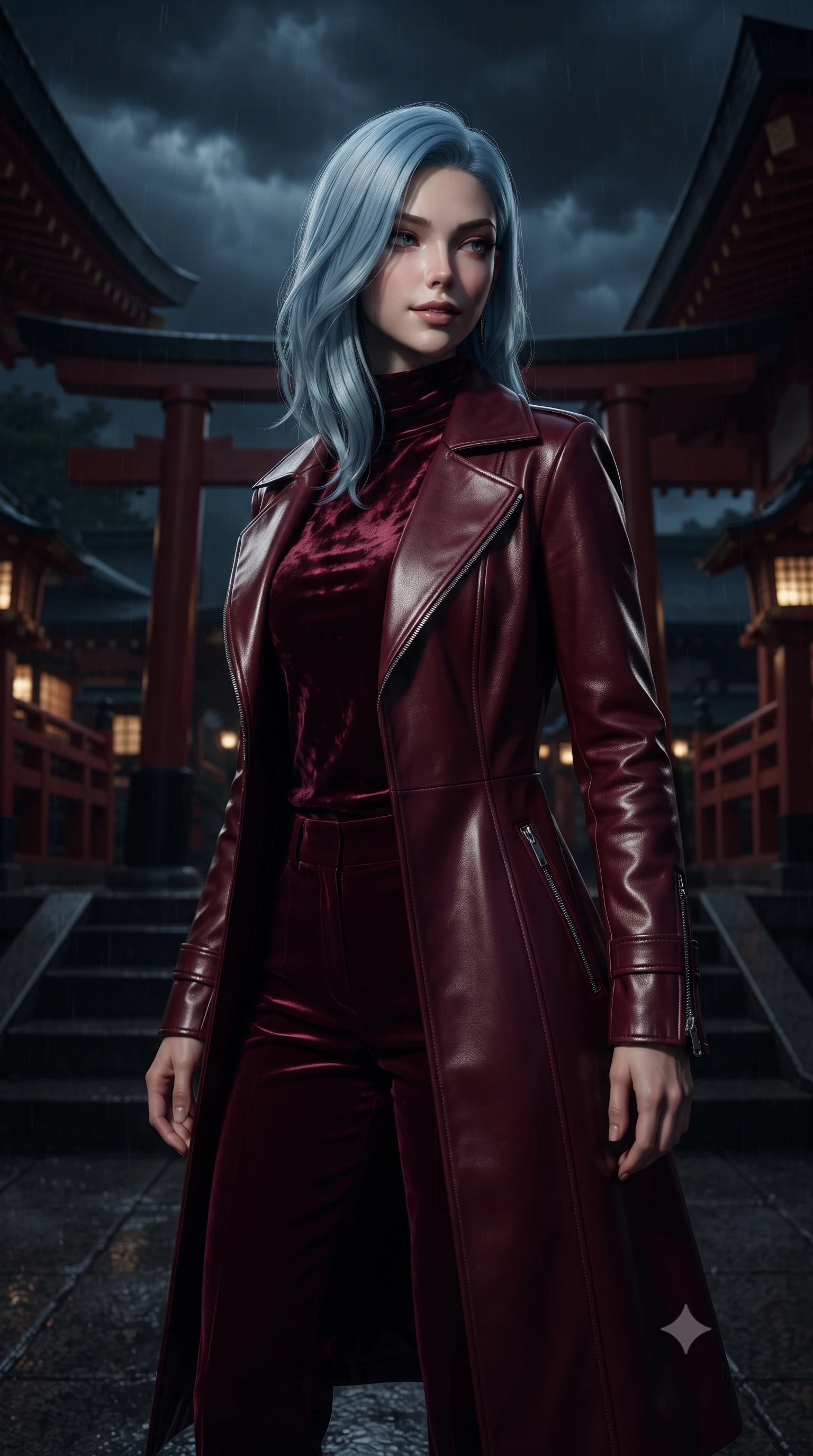 score_9, masterpiece, best quality, ultra-detailed, high-budget anime keyframe, editorial fashion photography, tasteful artistic composition, Korean woman. close-up cowboy shot from the waist and thighs up, the character dominates the composition, filling the frame with her large presence, background elements kept in soft focus. Glancing sidelong over her shoulder with a smoldering, enigmatic half-smile, ascending dark wooden shrine steps beneath a dark stormy night sky, deep crimson and pitch-black traditional architectural details. She has an exceptionally elegant, slender, and willowy female figure with an ultra-slim waist, a gracefully sculpted slender torso, and a refined silhouette. sharp v-shaped jawline, high-bridge nose, intricate jewel-like eyes with depth, thick eyelashes, glossy lips with a natural sheen. wearing structured dark leather long coat over turtleneck and tailored slacks in deep crimson burgundy, made of crushed dark silk velvet, finished with metallic silver boning and sleek zipper points, highlighting her statuesque proportions and ultra-slim waistline. lit by dim golden key light piercing through heavy midnight fog. ultra-reflective glossy finish, specular highlights, metallic sheen, high-contrast stereoscopic depth, volumetric dynamic lighting, 2k, ultra detail, master piece, 9:16 ratio