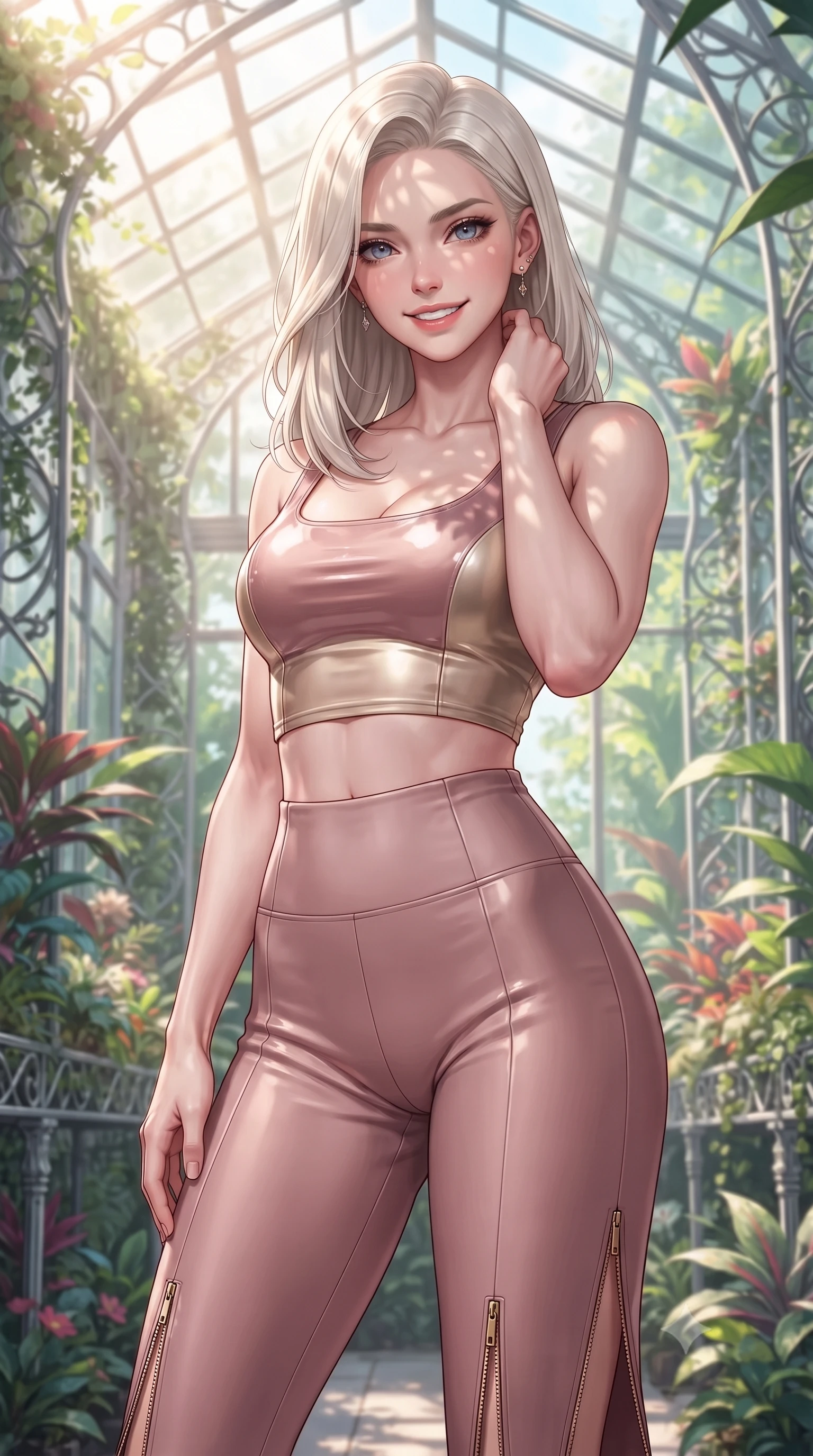 score_9, masterpiece, best quality, ultra-detailed, high-budget anime keyframe, editorial fashion photography, tasteful artistic composition, Caucasian woman. close-up cowboy shot from the waist and thighs up, the character dominates the composition, filling the frame with her large presence, background elements kept in soft focus. Smiling with quiet, magnetic self-assurance directly into the lens forging through an overgrown greenhouse filled with platinum wire lattices, intense volumetric sunbeams filtering through the glass ceiling. She has an exceptionally elegant, slender, and willowy female figure with an ultra-slim waist, a gracefully sculpted slender torso, and a refined silhouette. sharp v-shaped jawline, high-bridge nose, intricate jewel-like eyes with depth, thick eyelashes, glossy lips with a natural sheen. wearing a glossy vinyl crop top and high-waist tailored leggings with sleek zippers in dusty rose and champagne gold, formed from sleek second-skin neoprene, finished with a sleek side slit ascending to mid-thigh, the tailored fabric tightly following every curve of her athletic build. illuminated by brilliant sunbeams casting organic leaf stencil shadows. highly saturated vibrant anime colors, detailed shading with soft gradients, rich glossy textures, high-contrast stereoscopic depth, volumetric dynamic lighting, master piece, 9:16 ratio