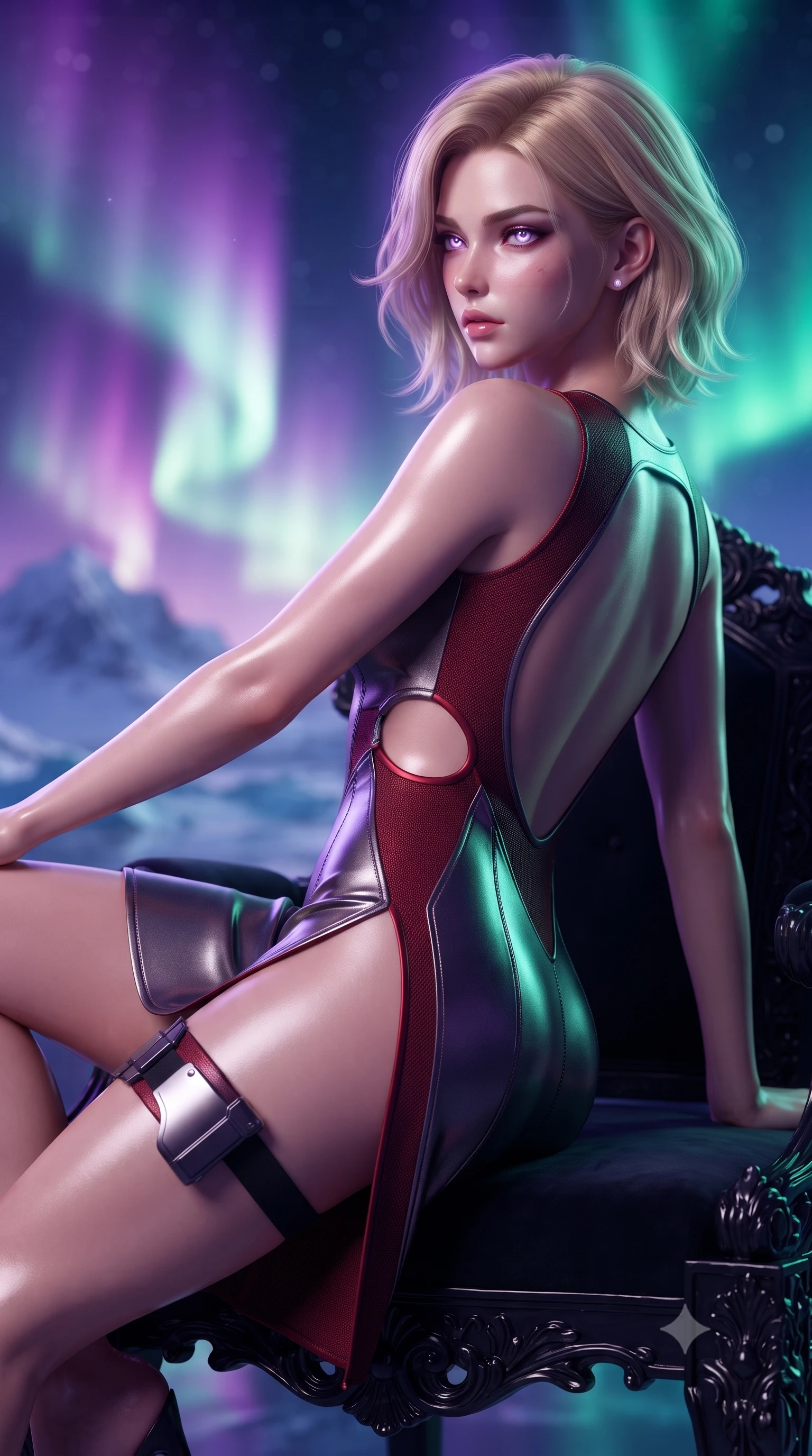 score_9, masterpiece, best quality, ultra-detailed, high-budget anime keyframe, editorial fashion photography, tasteful artistic composition, Caucasian woman. close-up cowboy shot from the waist and thighs up, the character dominates the composition, filling the frame with her large presence. twisting her slender torso in a deep contrapposto stance, hips dramatically shifted to accentuate her feminine curves while looking past her shoulder with smoldering bedroom-eyes while reclining on a carved obsidian throne propped on one elbow, eyes glowing with supernatural magnetism as she glances past the camera. The composition keeps background elements in soft focus with creamy bokeh. swirling violet, emerald, and magenta aurora curtains and distant glacier peaks blurred into glowing amethyst, teal, and diamond bokeh. She has an exceptionally elegant, slender, and willowy female figure with an ultra-slim waist, a gracefully sculpted slender torso, toned flat midriff, and rounded feminine hips creating an alluring hourglass silhouette. sharp v-shaped jawline, high-bridge nose, intricate jewel-like eyes with depth, thick eyelashes, glossy parted lips with a natural sheen, intensely captivating and seductive bedroom-eyes expression, flawlessly proportioned anatomical accuracy, strict slender model proportions, natural body alignment, perfectly sculpted long slender limbs, ultra-slim waistline, clean dynamic posture without body distortion. wearing a sculpted titanium corset mini dress with an open-waist ring cutout and high side hip slit in titanium gunmetal and blood-crimson accents, made of compression knit fabric sculpting her athletic hourglass lines, accessorized with a sleek concealed garter holster and pearl ear transmitter, the dramatically scooped open back descending to the base of her spine, accentuating her razor-sharp statuesque lines and curvy hourglass silhouette. bathed in vibrant emerald and violet aurora backlighting from the polar sky. ultra-reflective glossy finish, specular highlights, rich textural contrasts, high-contrast stereoscopic depth, volumetric dynamic lighting, 2k, ultra detail, master piece, 9:16 ratio