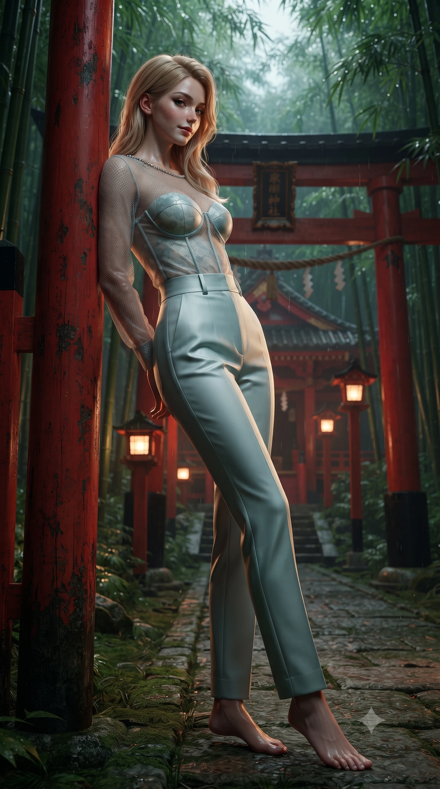 score_9, masterpiece, best quality, ultra-detailed, high-budget anime keyframe, editorial fashion photography, tasteful artistic composition, Japanese woman. low angle full-body shot from head to toe showing her feet, filling the entire 9:16 vertical frame with her statuesque presence, stretching her vertical silhouette. walking slowly through the bamboo pathway, looking back over her shoulder with an air of effortless oriental grace and an alluring, smoldering smile while leaning against a vermilion wooden gate post with hips cocked back, looking back over a bare shoulder with a dangerous, smoldering half-smile. The surrounding environment is rendered in vivid detail and crisp panoramic clarity: detailed modern kimono fabric drape, scarlet lantern specular highlights on skin, and shrine gate architecture in high clarity. She has an absolutely perfect, statuesque 8.5-heads proportion, an exceptionally tall and slender model-like female figure with impossibly long slender legs, an ultra-slim waist, a flat toned midriff, narrow delicate ribcage, and beautifully sculpted feminine hips creating a graceful, slim hourglass silhouette without any bulky heaviness. sharp v-shaped jawline, high-bridge nose, intricate jewel-like dark sparkling almond eyes with depth, thick lashes, glossy parted lips with a natural rose-plum sheen, bright alluring and coquettish smile with bedroom-eyes, exuding both timeless oriental elegance and sovereign high-fashion allure, flawlessly proportioned anatomical accuracy, strict slender model proportions, natural body alignment, perfectly sculpted long slender limbs, ultra-slim waistline, clean dynamic posture without body distortion. wearing a sheer technical mesh and silk hanbok blouse worn over a sculpted sweetheart bustier with high-waisted tailored silk trousers in pure celadon porcelain blue and cloud white, made of sheer technical micro-mesh with contouring shadow effects, finished with subtle crystal rhinestones tracing the elegant neckline, the form-fitting tailored bodice adhering flawlessly to her sculpted flat midriff and slender torso, emphasizing her long leg lines and perfectly proportioned willowy build. illuminated by low pathway lanterns and sharp ruby-gold rim lights defining her razor-sharp jawline, narrow waist, and curvy hips. ultra-reflective glossy finish, specular highlights, rich textural contrasts, high-contrast stereoscopic depth, volumetric dynamic lighting, 2k, ultra detail, master piece, 9:16 ratio