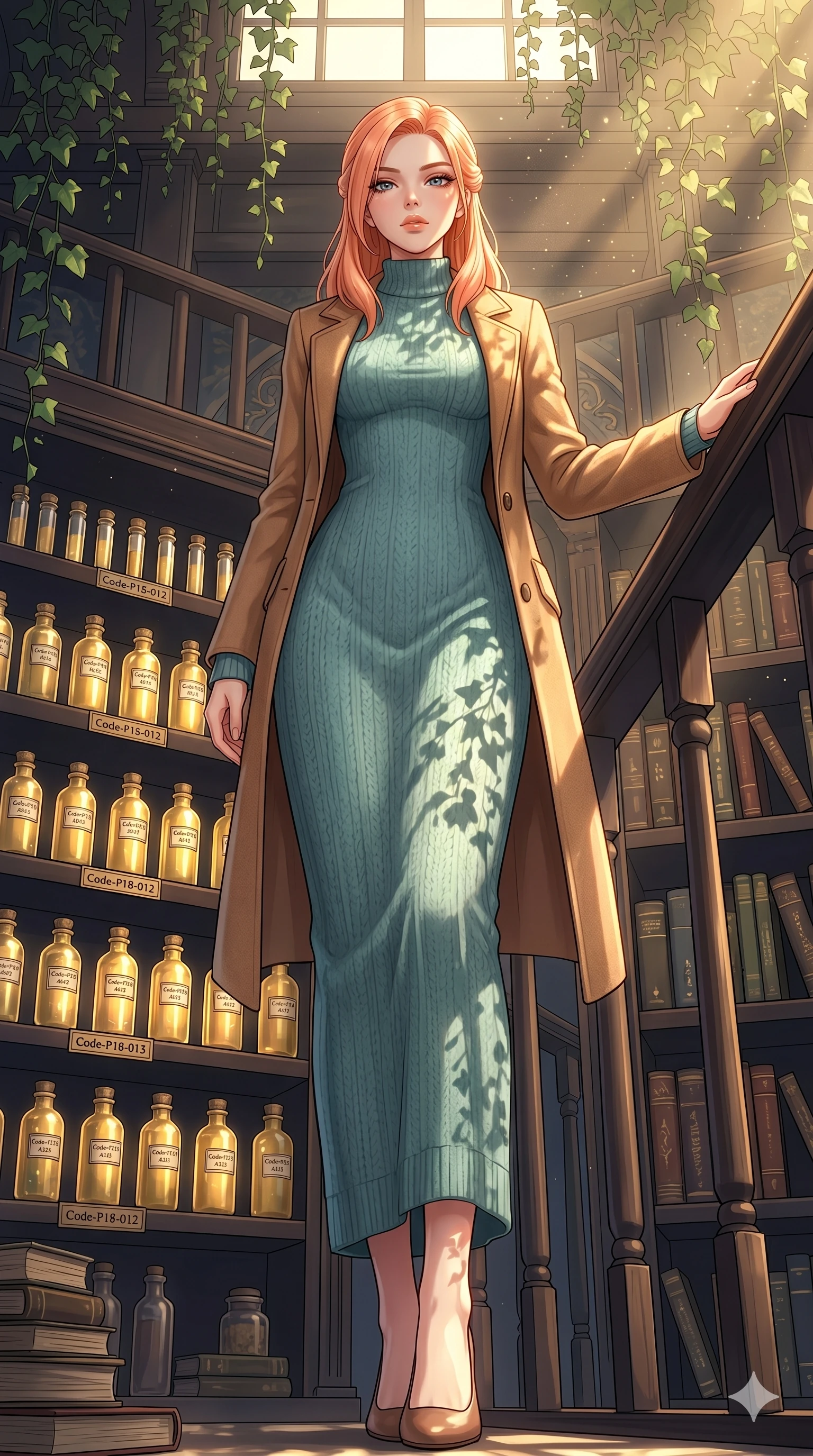 score_9, masterpiece, best quality, ultra-detailed, high-budget anime keyframe, editorial fashion photography, tasteful artistic composition, Japanese woman. low angle full-body shot from head to toe showing her feet, filling the entire 9:16 vertical frame with her statuesque presence, stretching her vertical silhouette. resting one hand on the wooden railing, casting a bedroom-eyes gaze directly at the camera inside an alchemist's archive room filled with shelves of glowing gold vials (Code-P18-012). She has an absolutely perfect 8-heads proportion, an exceptionally tall and slender female figure with impossibly long slender legs and an ultra-slim waist. V-shaped jawline, high-bridge nose, intricate jewel-like eyes with depth, thick eyelashes, glossy lips with a natural sheen. wearing a long-sleeved high-neck knit maxi dress with a warm wool coat. drenched in brilliant afternoon sunshine, casting shadows of hanging ivy leaves over her form. 2k, ultra detail, master piece, 9:16 ratio