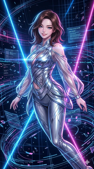 score_9, masterpiece, best quality, ultra-detailed, high-budget anime keyframe, Korean woman. Upper body close-up from the thighs up, character filling the screen for maximum presence. Inside a digital void filled with swirling holographic lines, flo