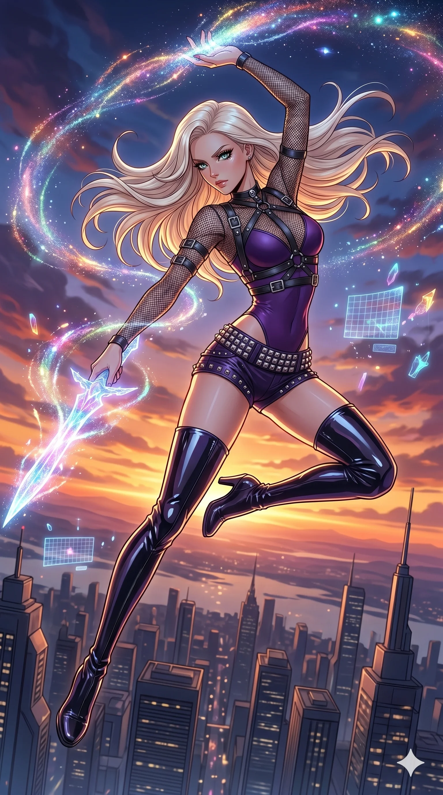 score_9, masterpiece, best quality, ultra-detailed, high-budget anime movie keyframe, cinematic anime lighting, intricate line art, Japanese woman. Mid-air action shot capturing a graceful twist and vertical silhouette. drawing stardust from the sky and shaping it into a blade. She has an absolutely perfect 8-heads proportion, an exceptionally tall and slender female figure with an ultra-slim waist and impossibly long slender legs. strictly human anatomy, two legs only, no extra limbs, clearly defined legs and arms, perfect anatomy, perfect hands and fingers. sharp v-shaped jawline, high-bridge nose, intricate jewel-like eyes, thick eyelashes, glossy lips. Wearing K-Idol Stage: Leather harness over mesh, high-cut bodysuit, studded micro-shorts, and thigh-high patent boots. The scene is illuminated by dramatic atmospheric lighting and vibrant color palettes. , 2k, ultra detail, master piece, 9:16 ratio